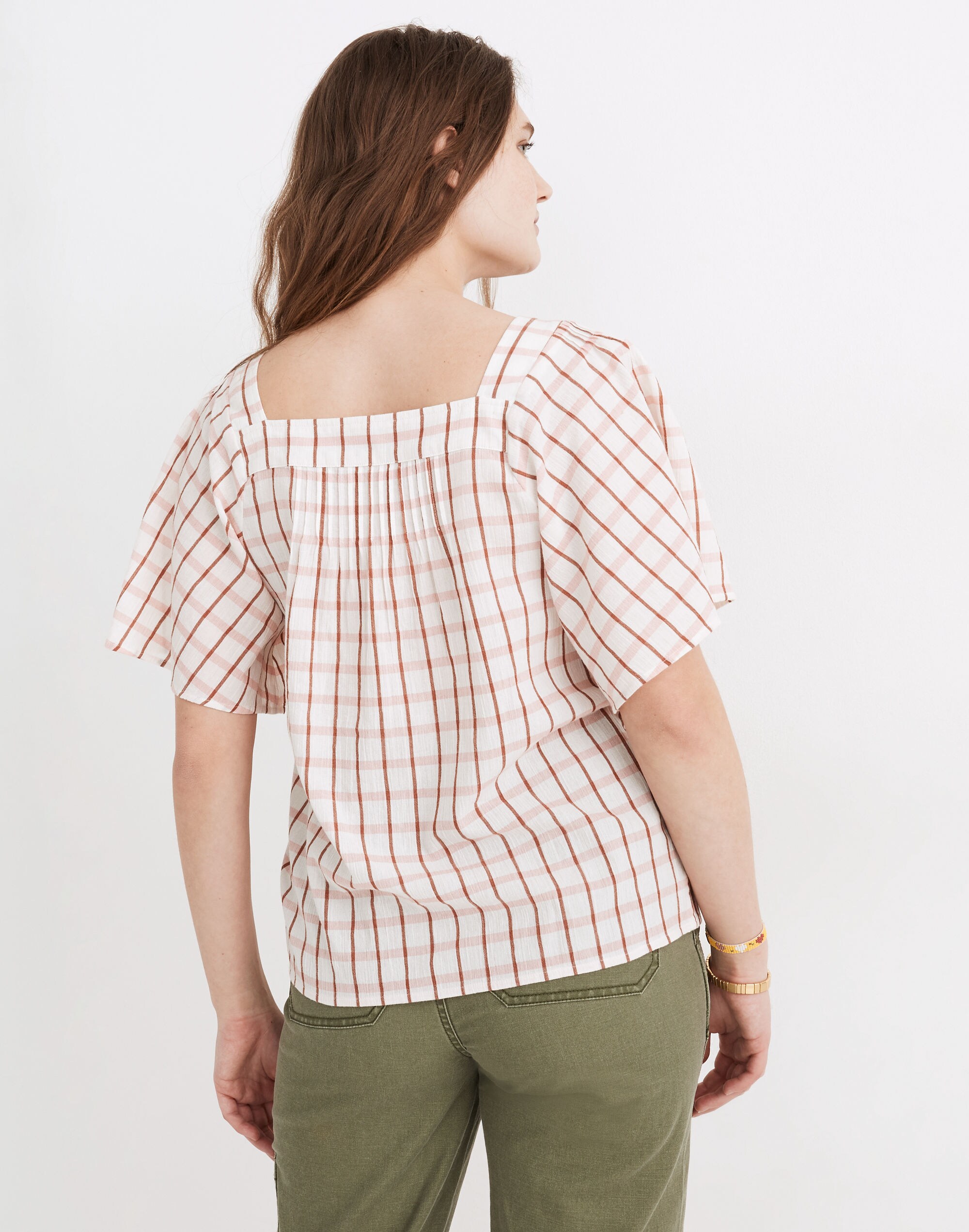 Square-Neck Pintuck Butterfly Top in Windowpane