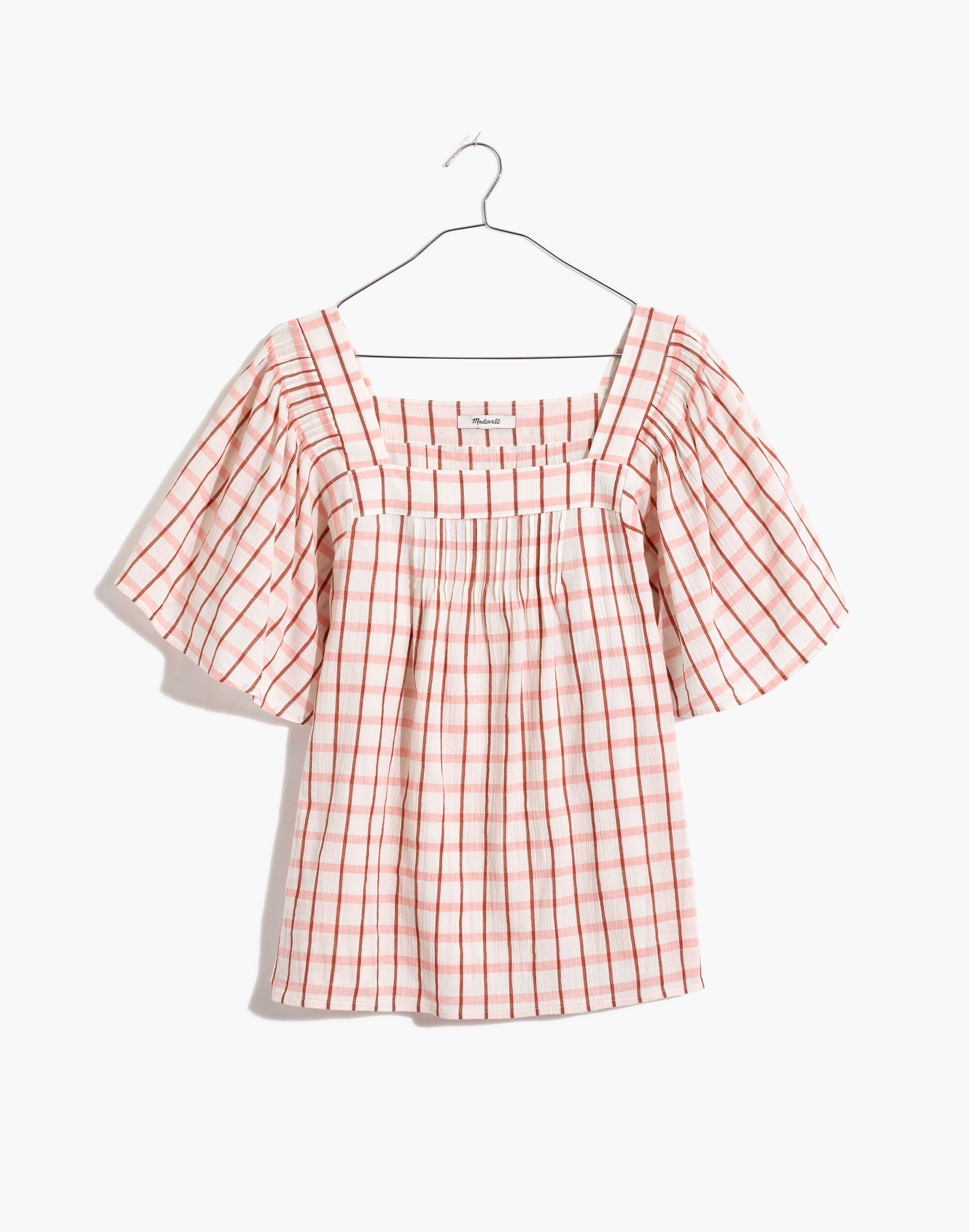 Square-Neck Pintuck Butterfly Top in Windowpane