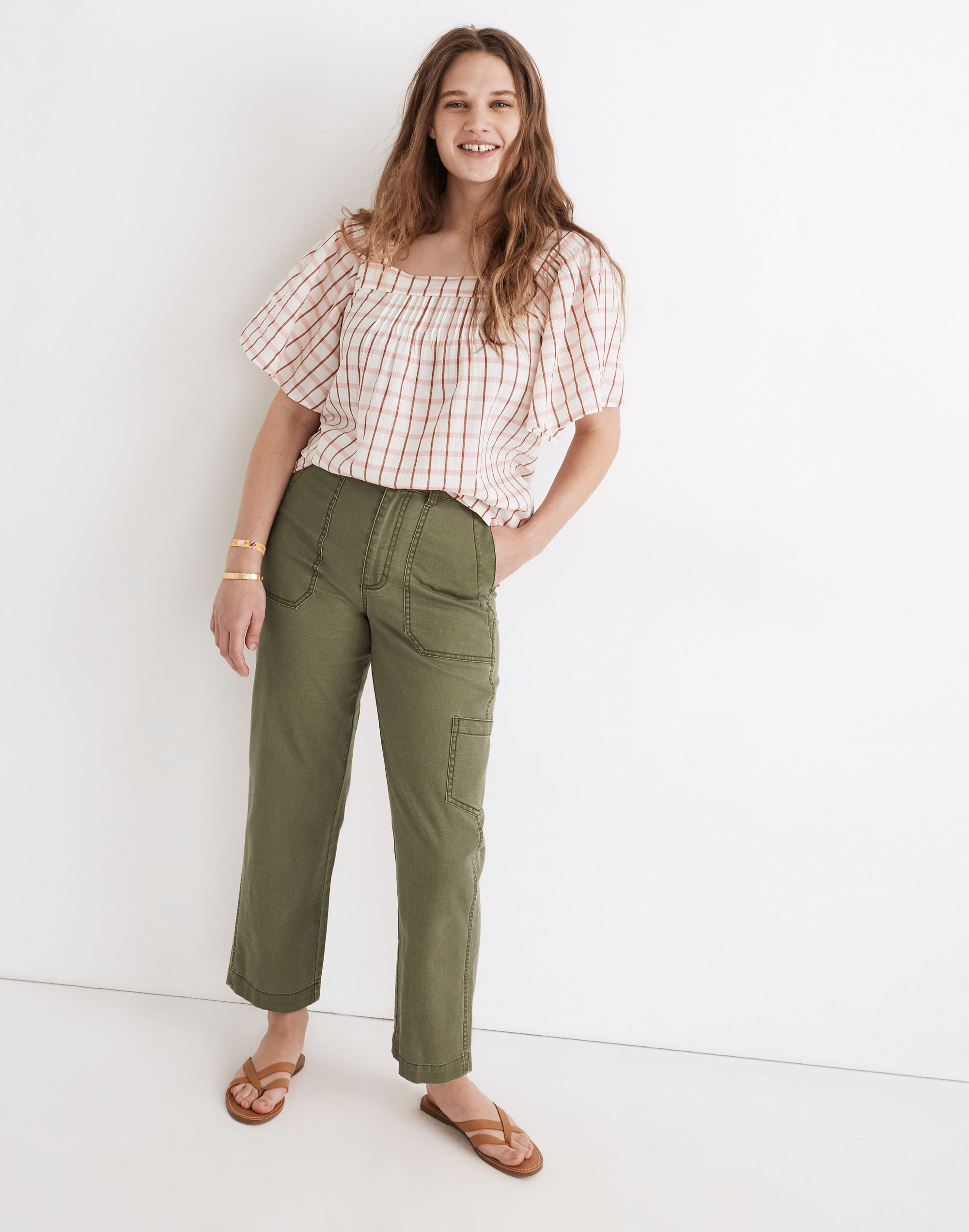 square-neck pintuck butterfly top in windowpane