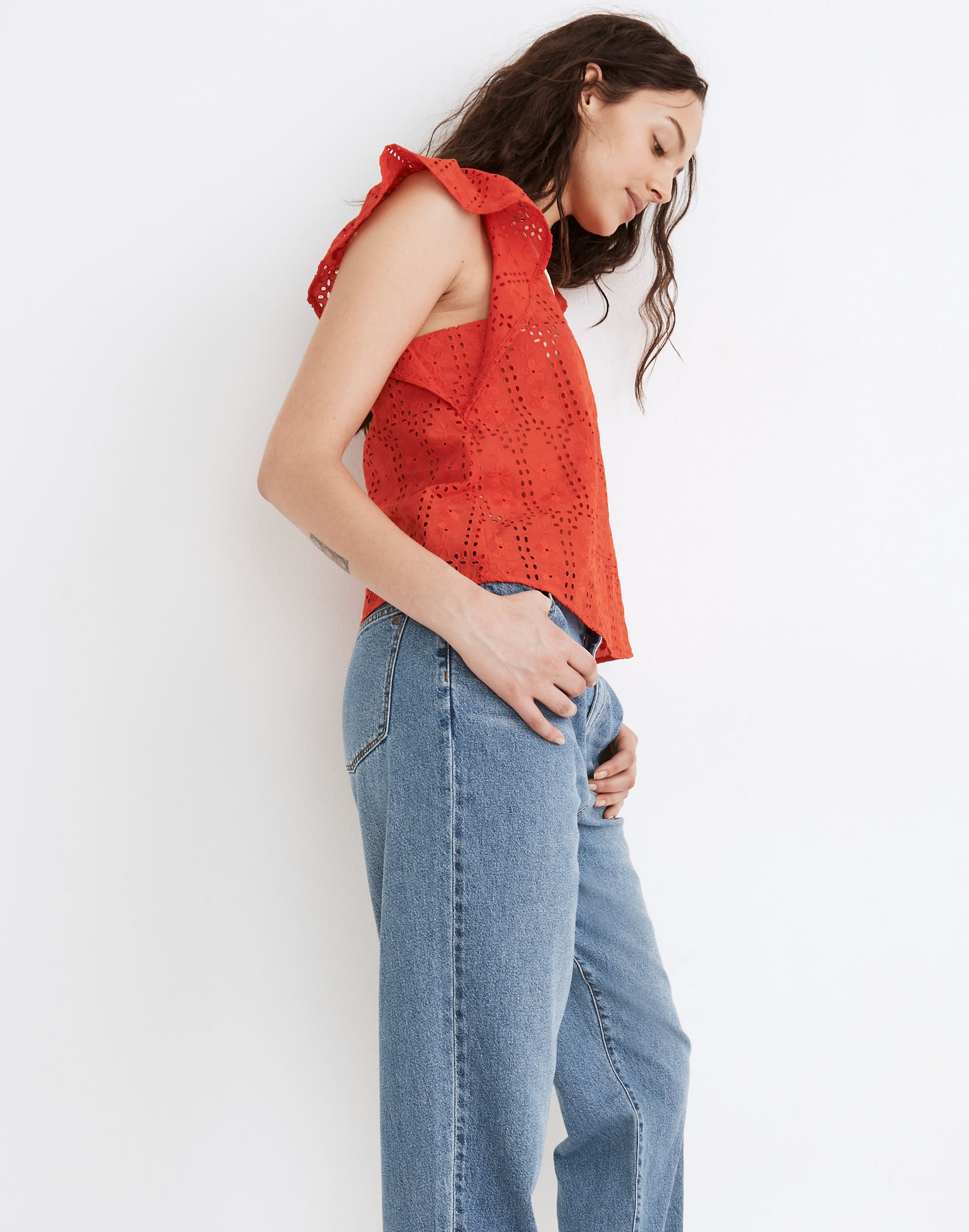 Eyelet Crewneck Flutter-Sleeve Top