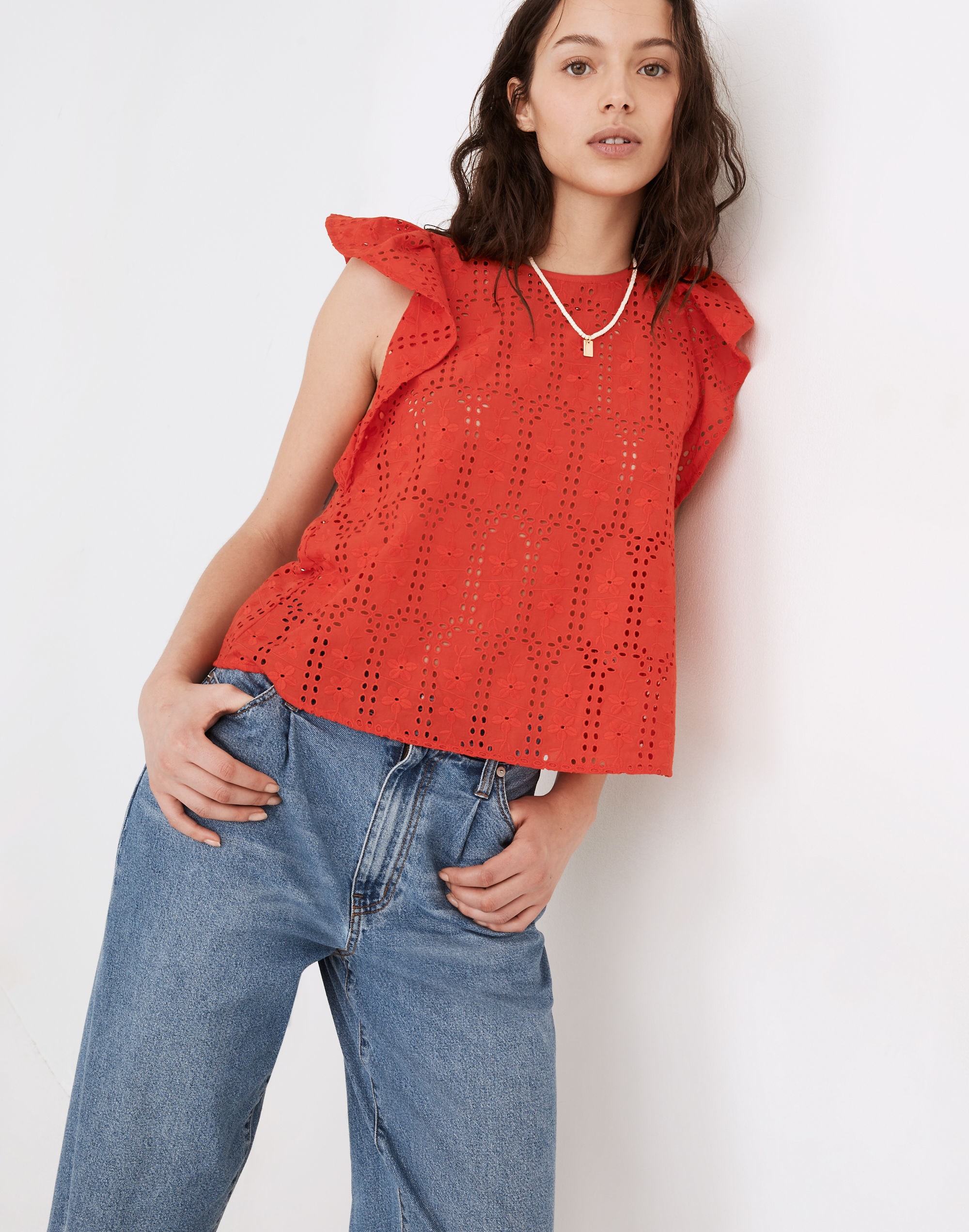 Eyelet Crewneck Flutter-Sleeve Top
