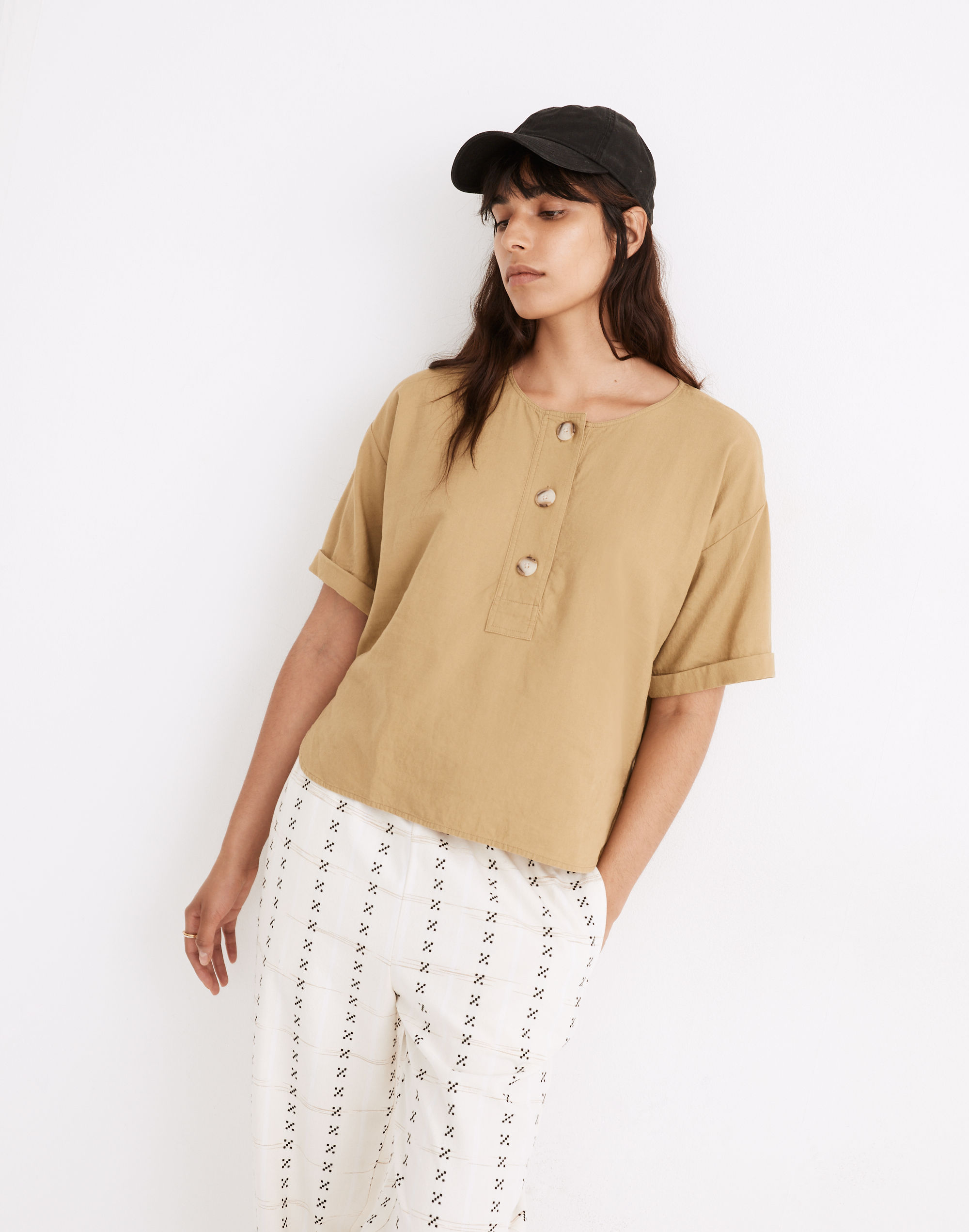 Linen-Blend Henley Slouch Shirt