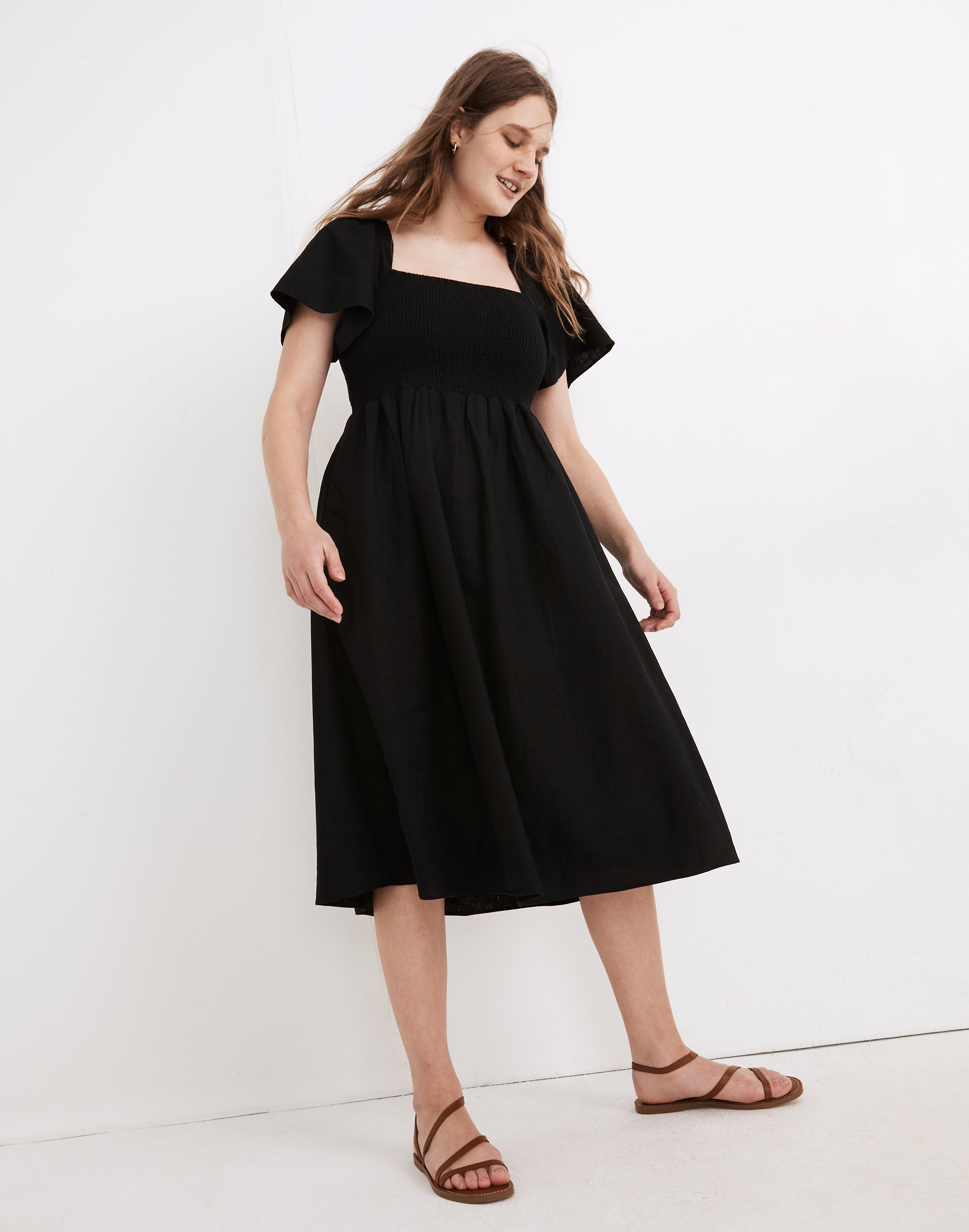 Linen-Blend Lucie Smocked Midi Dress
