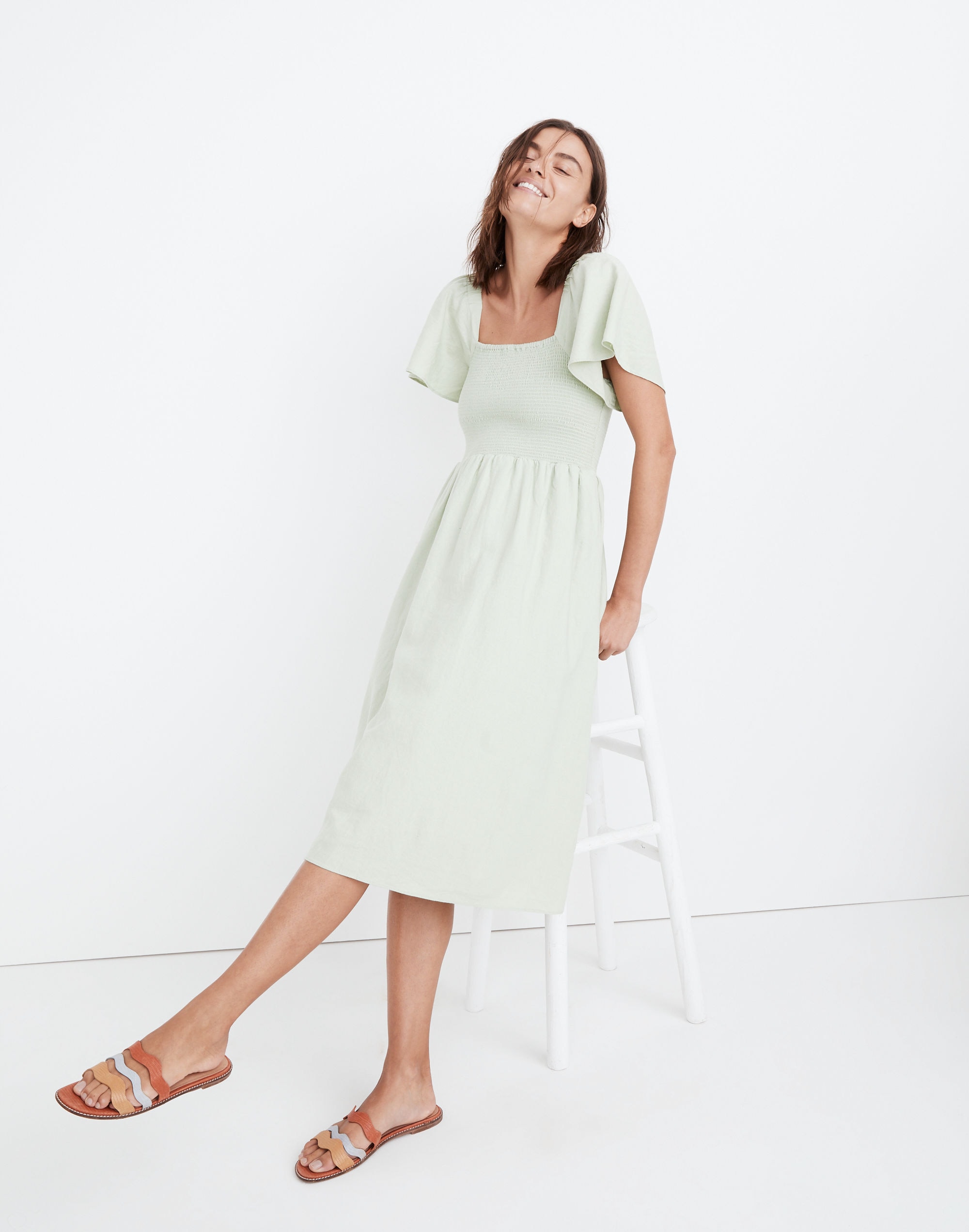 Linen-Blend Lucie Smocked Midi Dress
