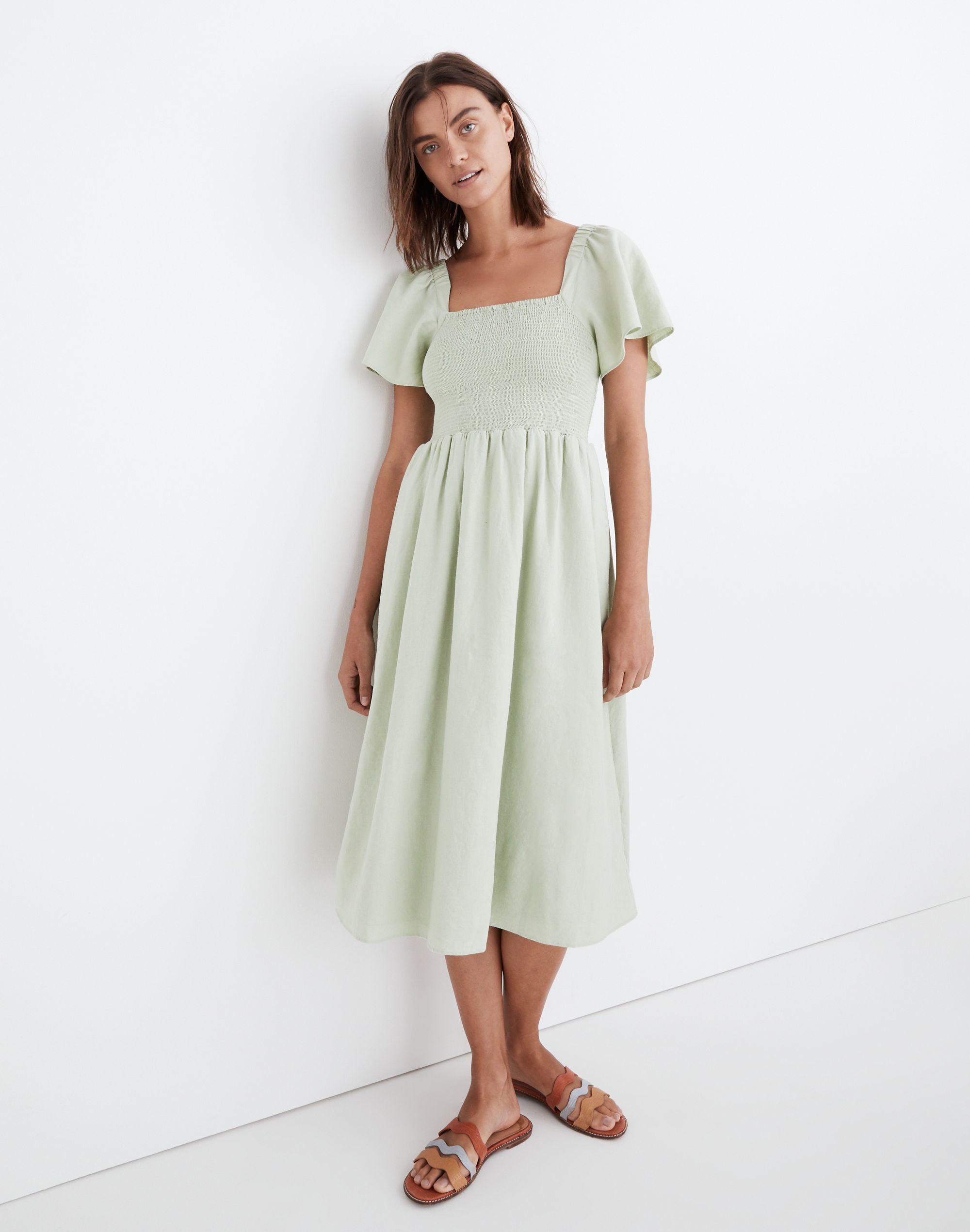Linen-Blend Lucie Smocked Midi Dress