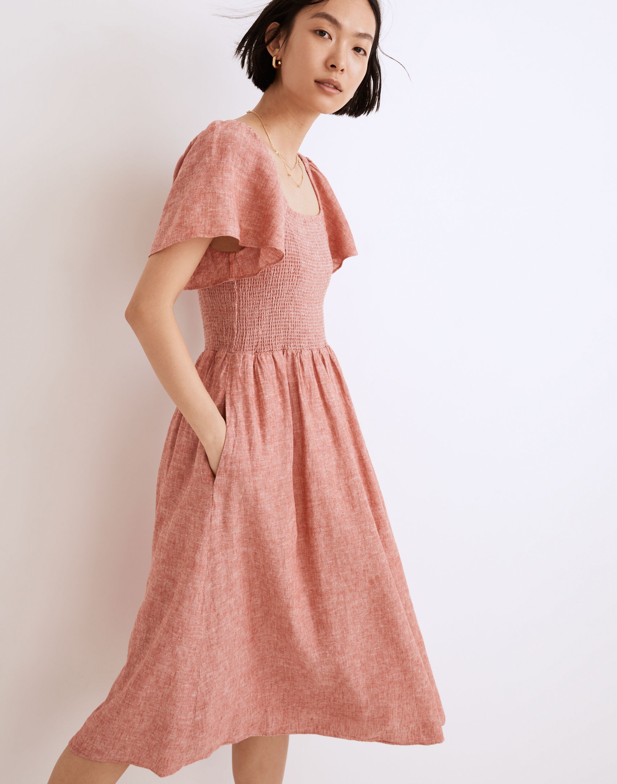 Linen-Blend Lucie Smocked Midi Dress