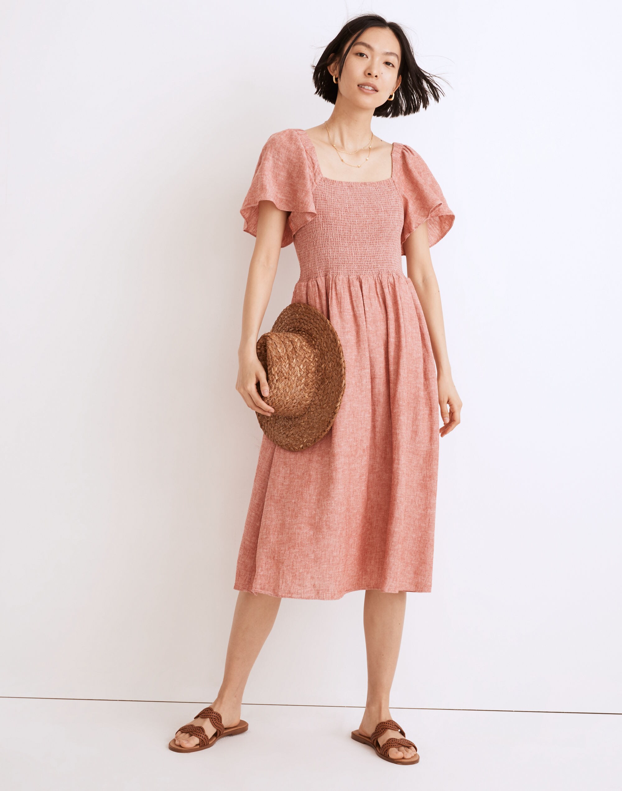 Linen-Blend Lucie Smocked Midi Dress