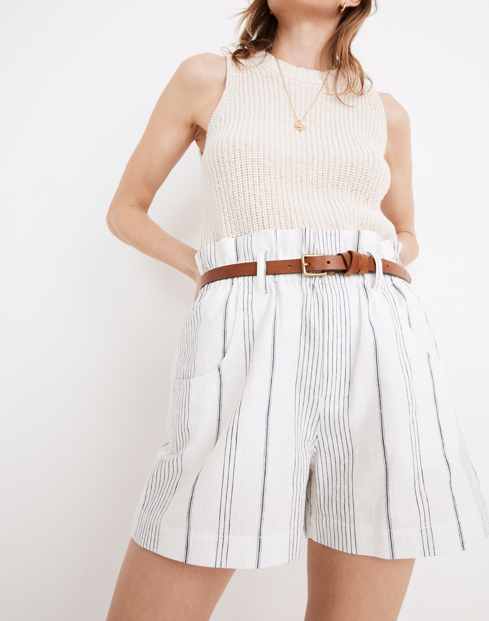 Linen-Cotton Pull-On Paperbag Shorts in Stripe