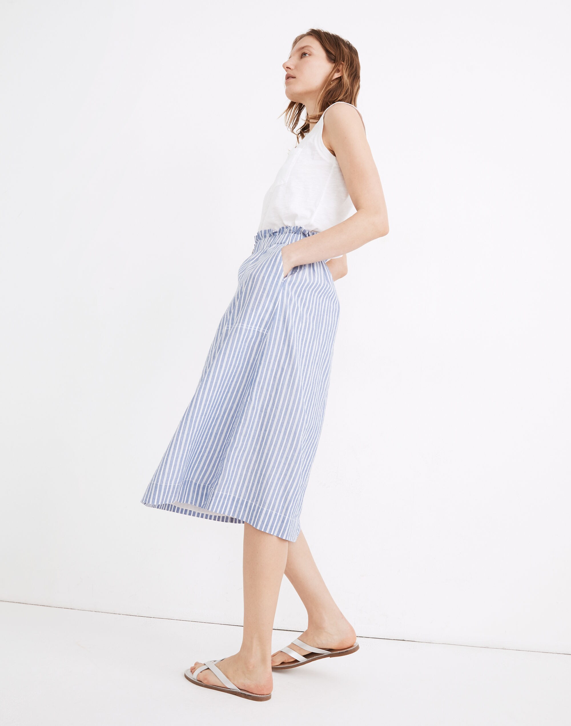 Paperbag Button-Front Midi Skirt in Stripe