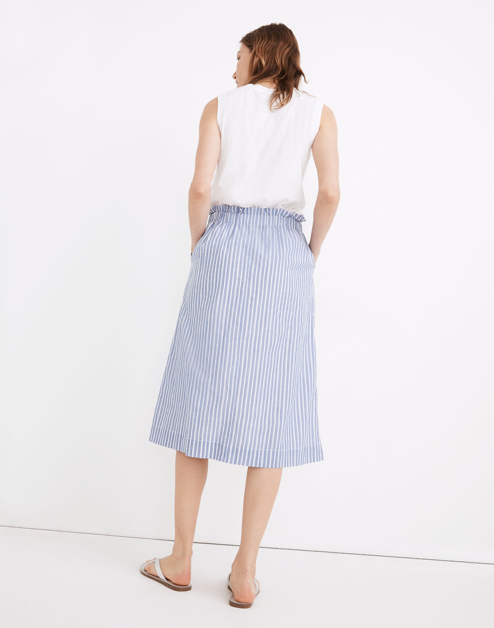 Paperbag Button-Front Midi Skirt in Stripe