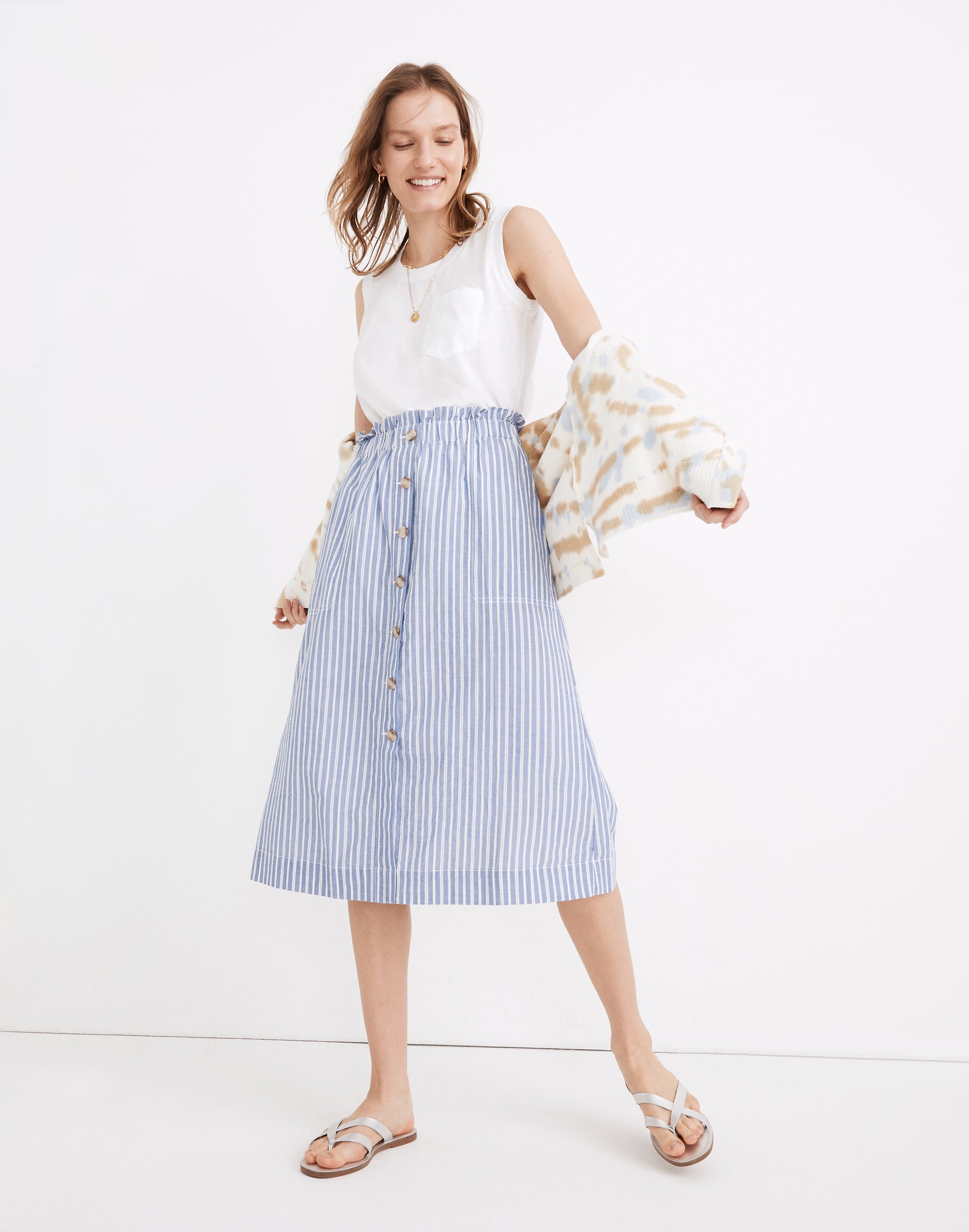 Paperbag Button-Front Midi Skirt in Stripe