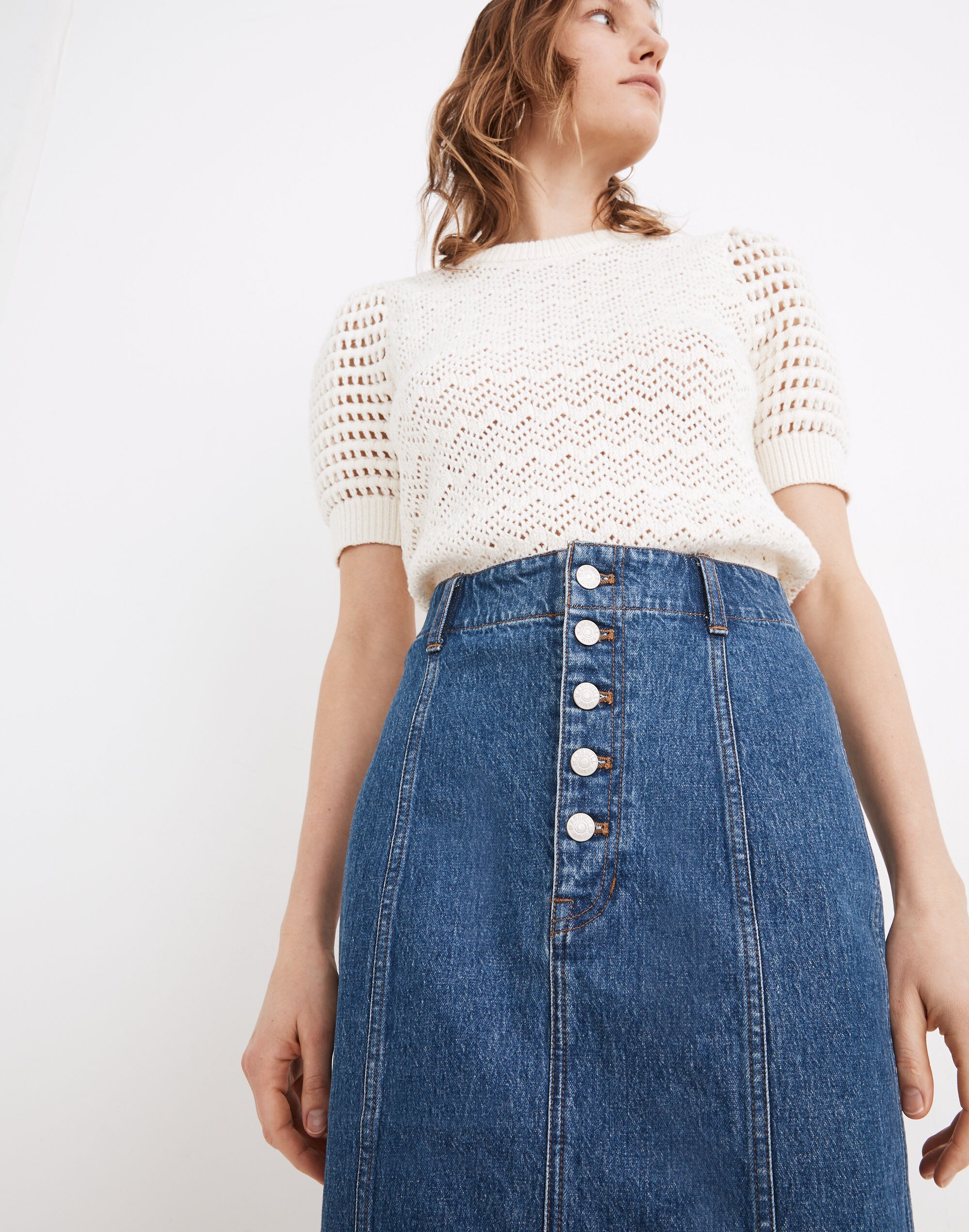 Stretch Denim Button-Front Midi Pencil Skirt