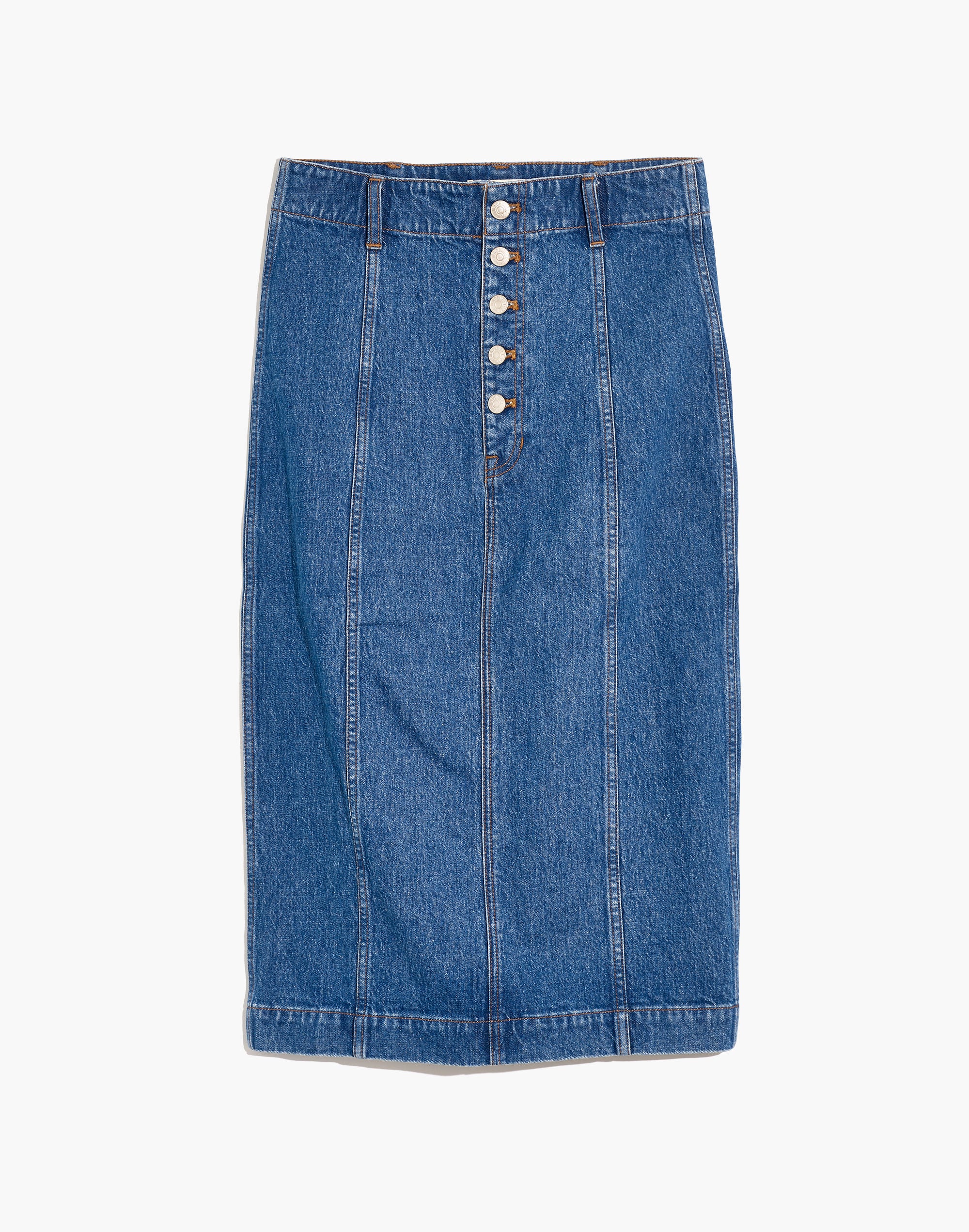 Stretch Denim Button-Front Midi Pencil Skirt