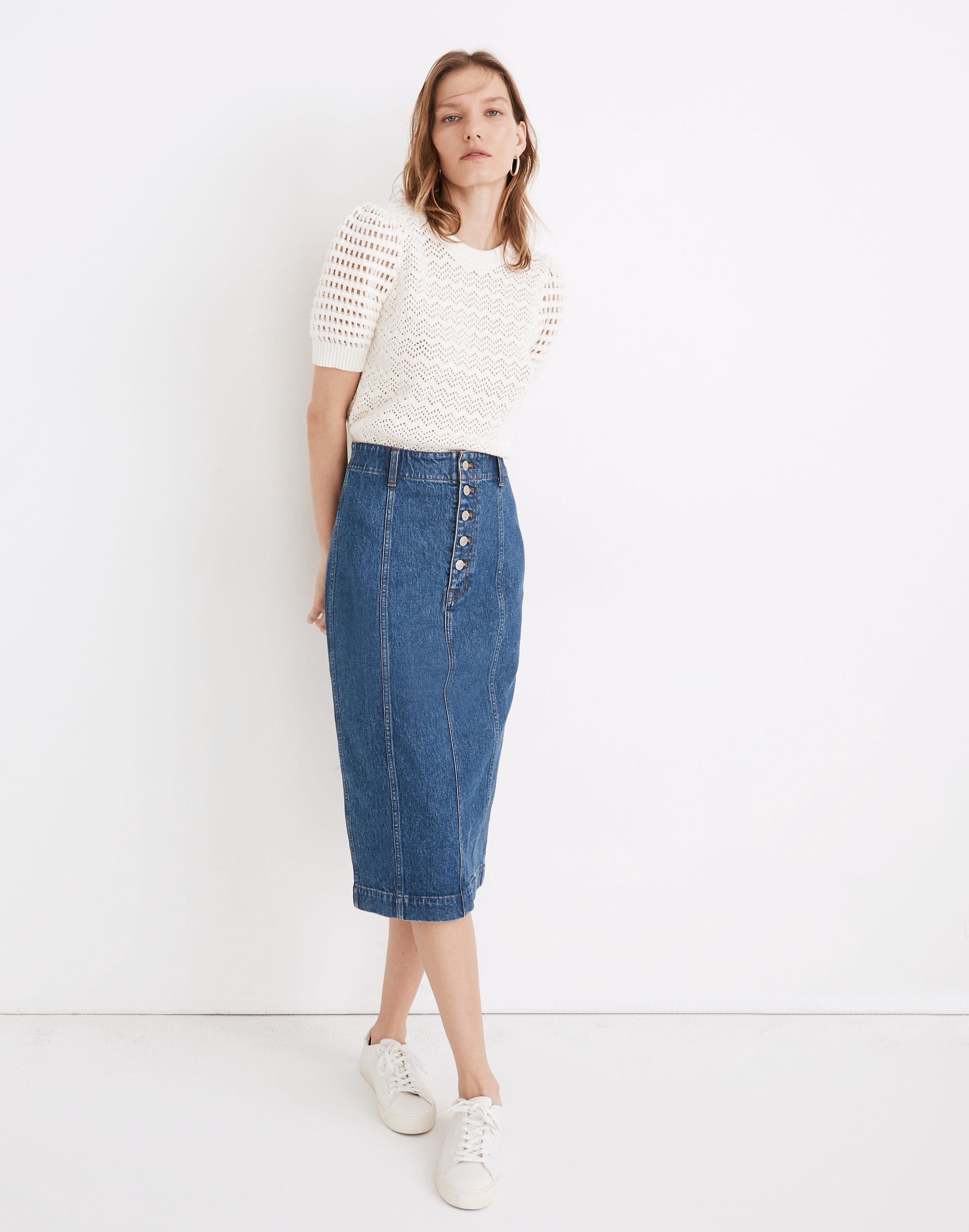 Stretch Denim Button-Front Midi Pencil Skirt