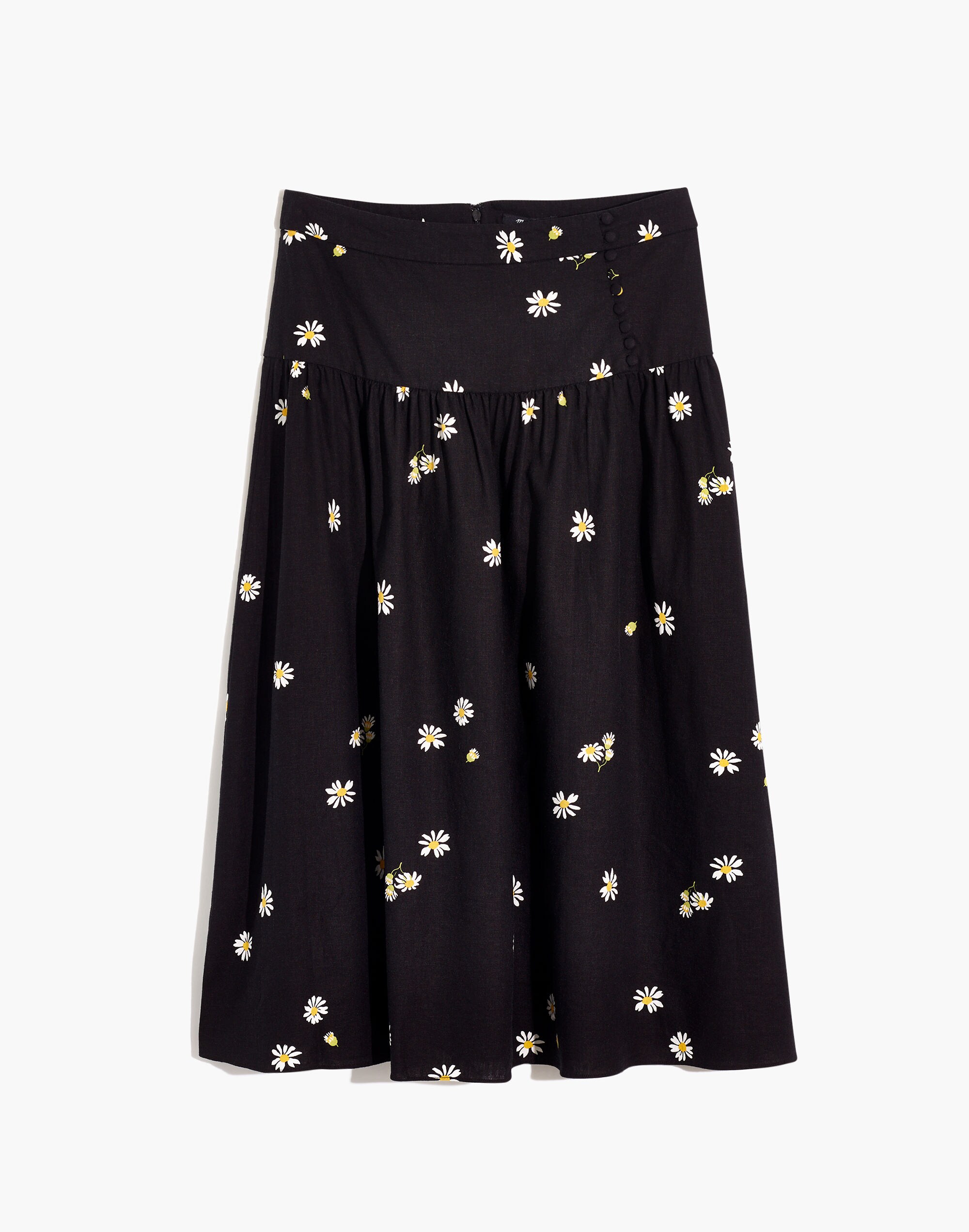Linen-Blend Buttoned Yoke Midi Skirt in Lazy Daisies
