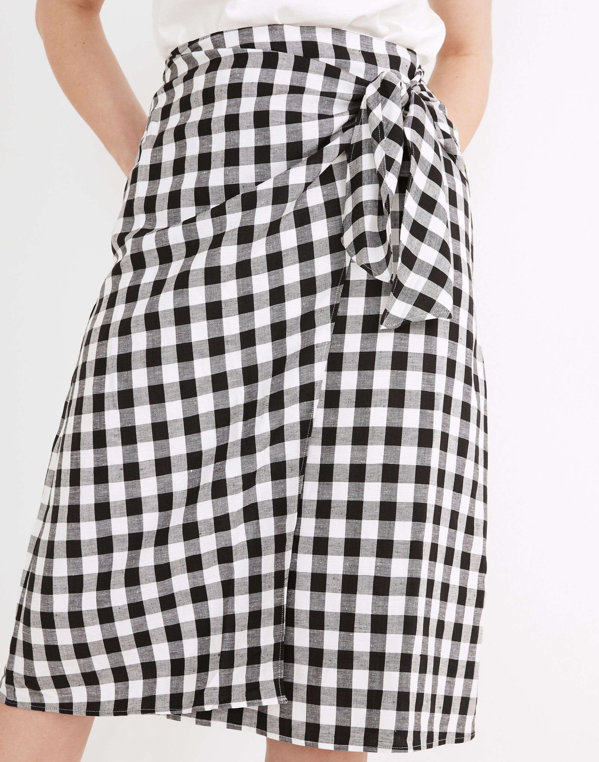 Sarong Faux-Wrap Midi Skirt in Gingham Check
