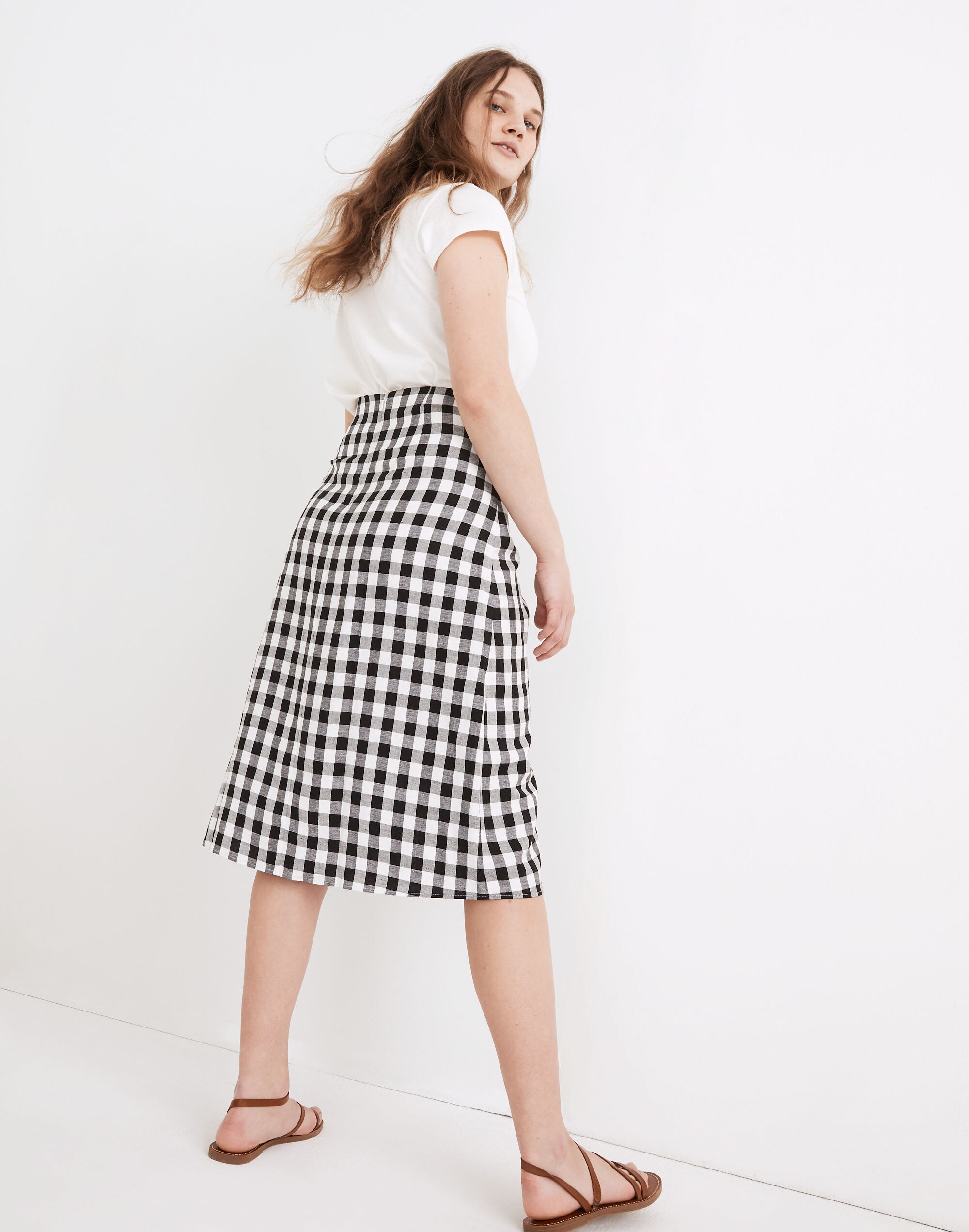 Sarong Faux-Wrap Midi Skirt in Gingham Check