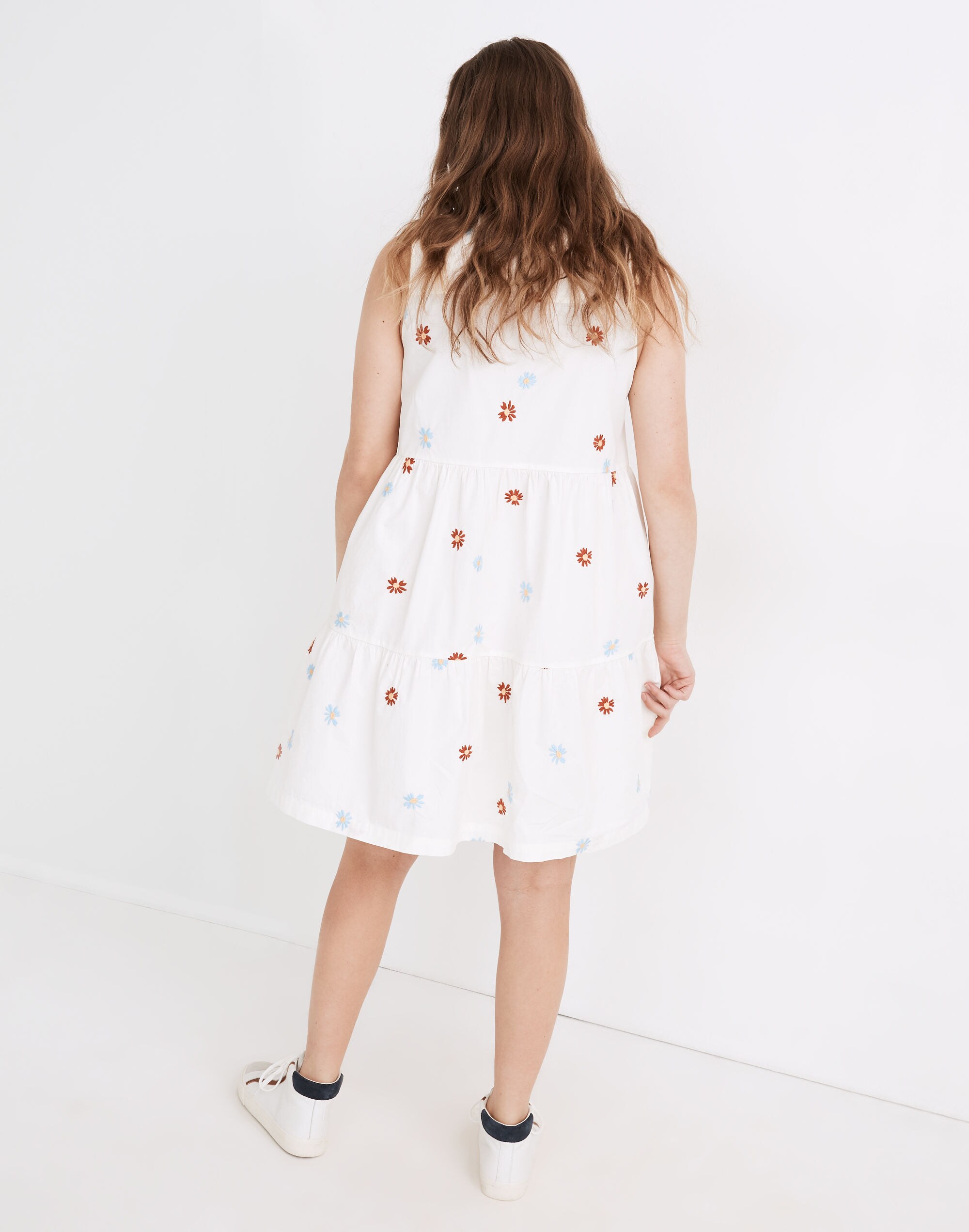 Daisy Embroidered Banded-Collar Tiered Dress