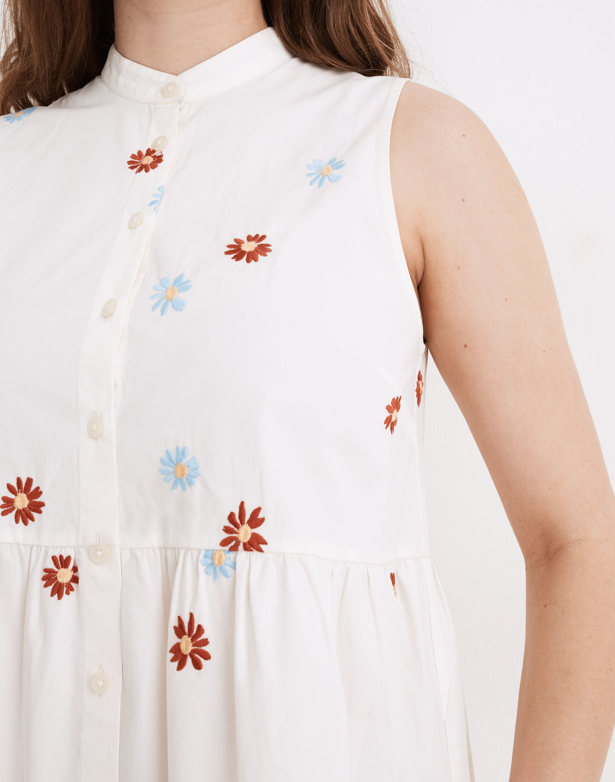 Daisy Embroidered Banded-Collar Tiered Dress
