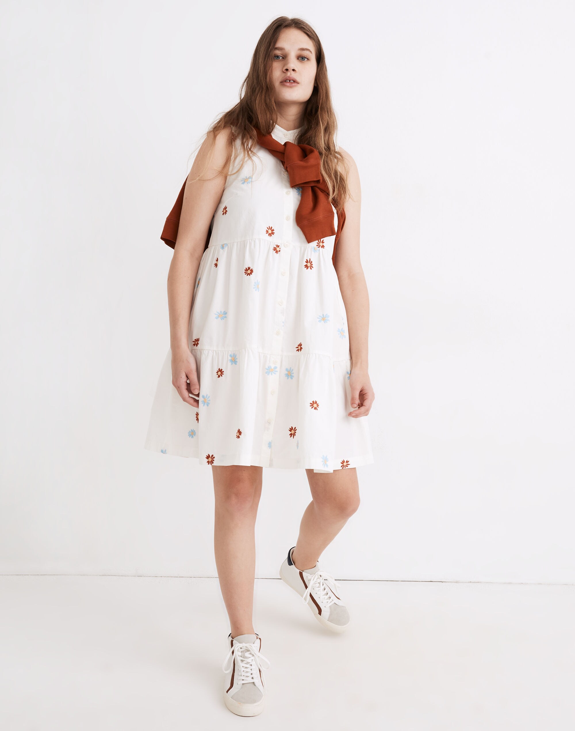 Daisy Embroidered Banded-Collar Tiered Dress