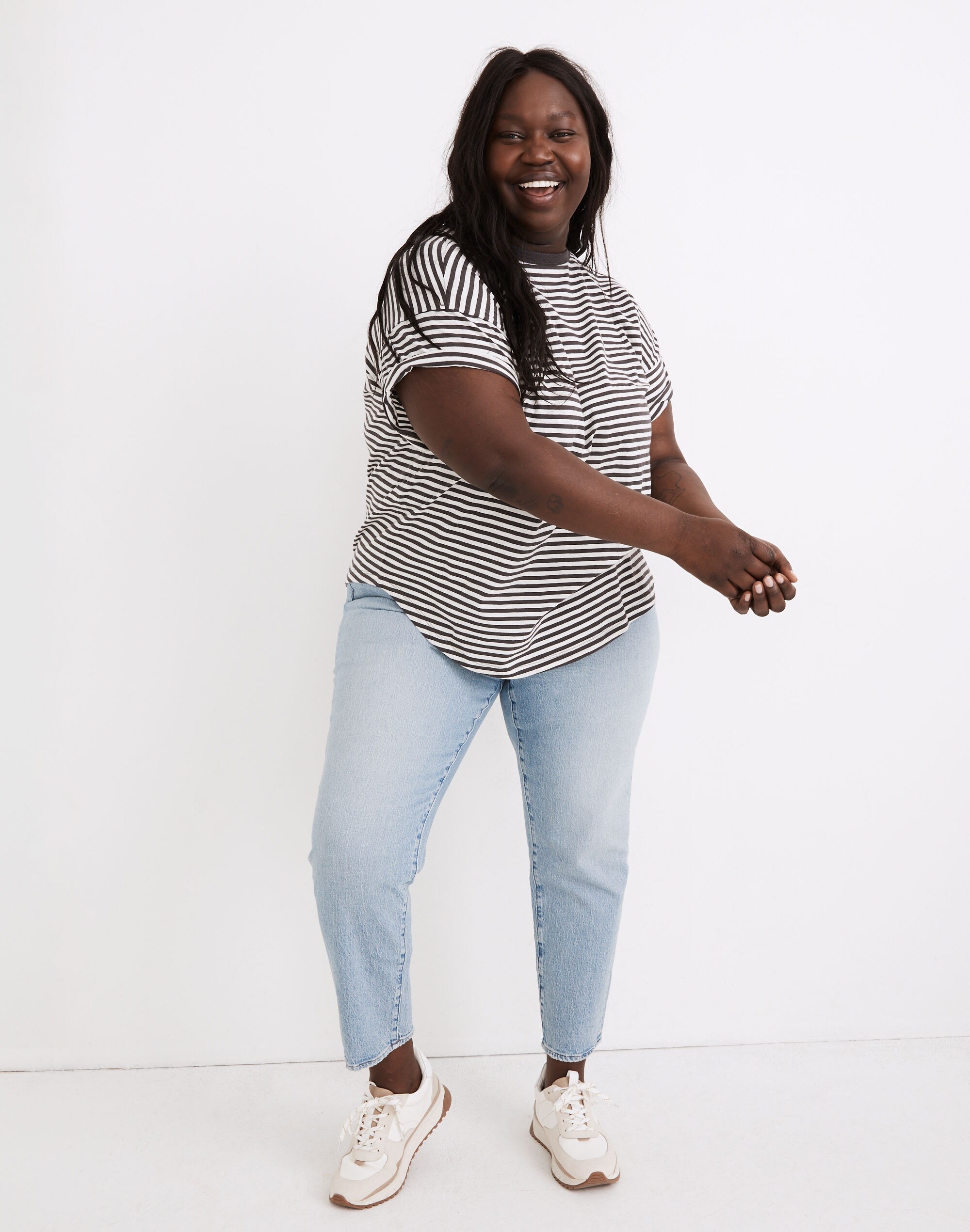 Plus Whisper Cotton Rib-Crewneck Tee in Damien Stripe