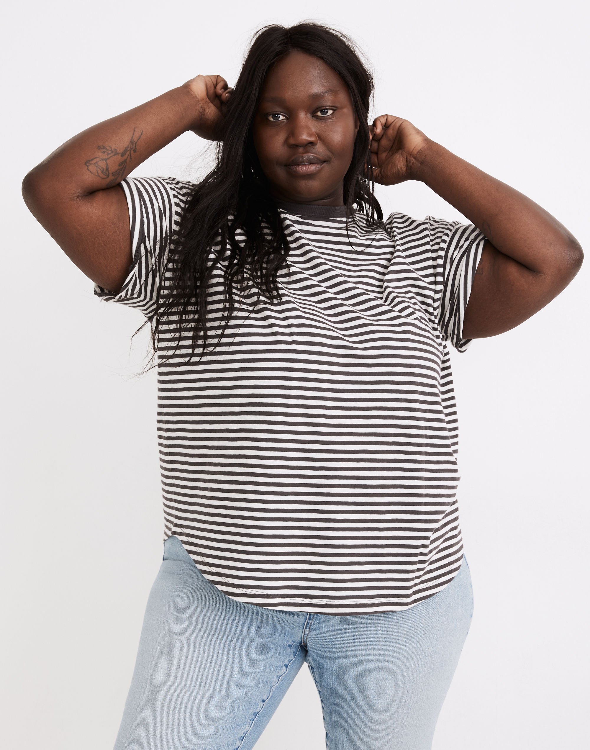Plus Whisper Cotton Rib-Crewneck Tee in Damien Stripe