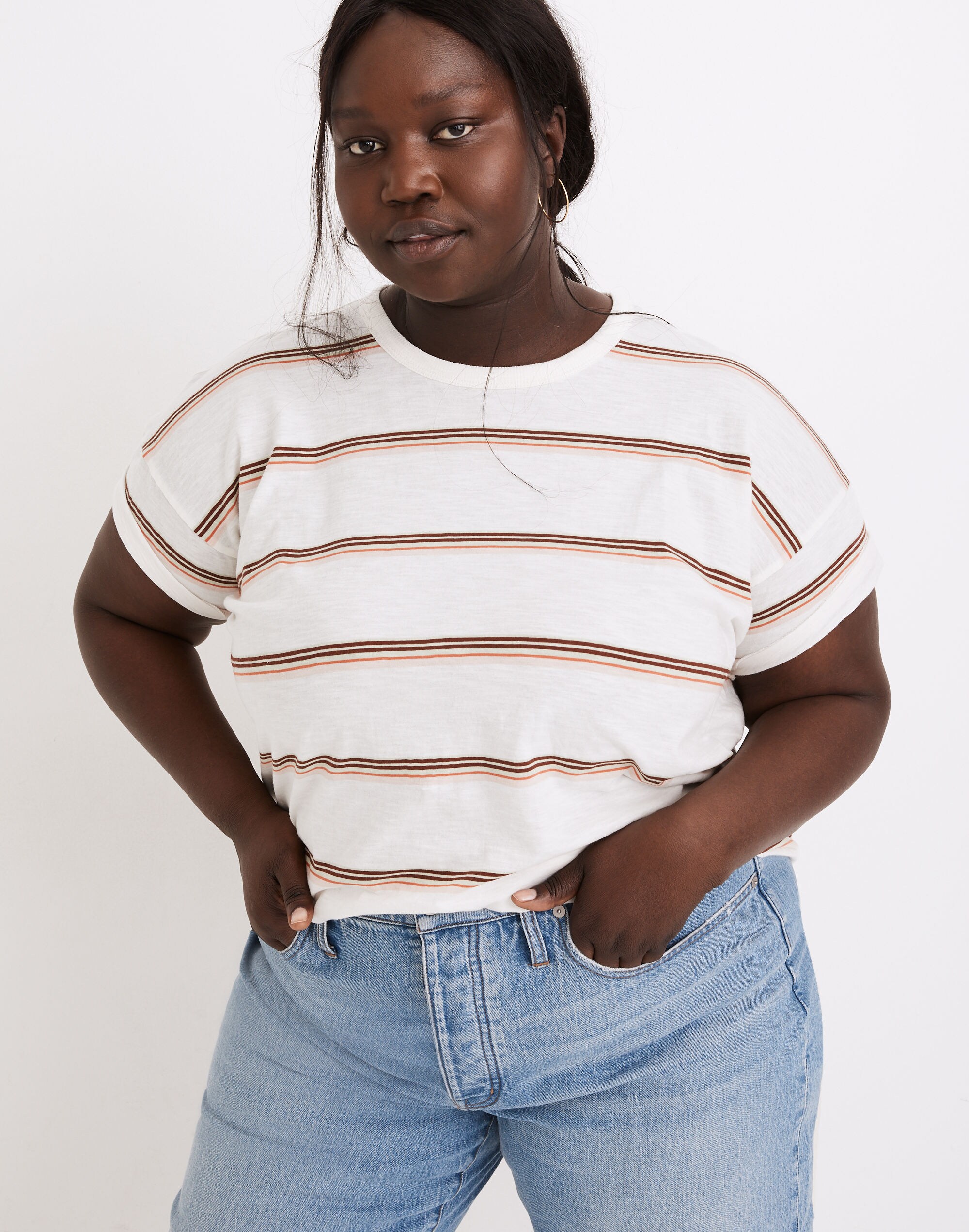 Plus Whisper Cotton Rib-Crewneck Tee in Myrtle Stripe