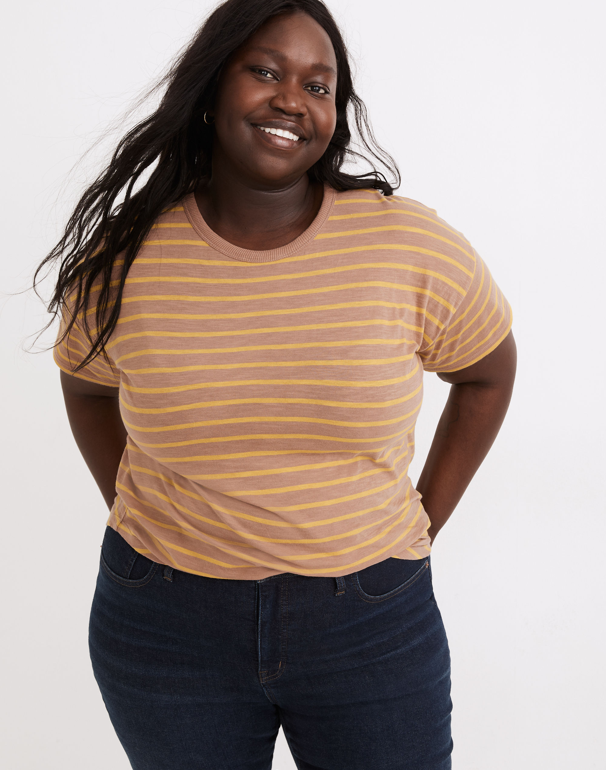 Plus Whisper Cotton Rib-Crewneck Tee in Beacham Stripe