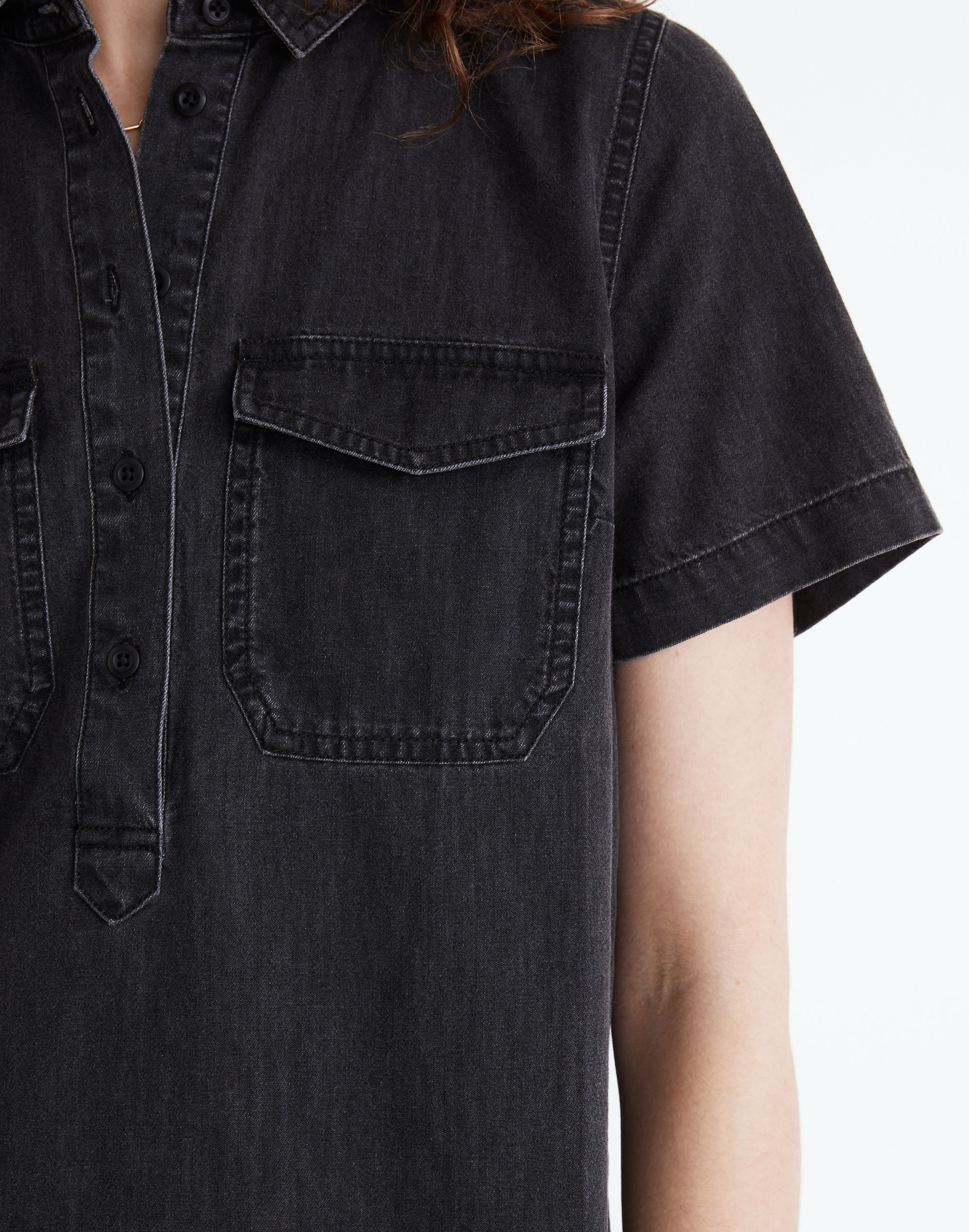 Denim Short-Sleeve Popover Shirtdress in Lunar Wash