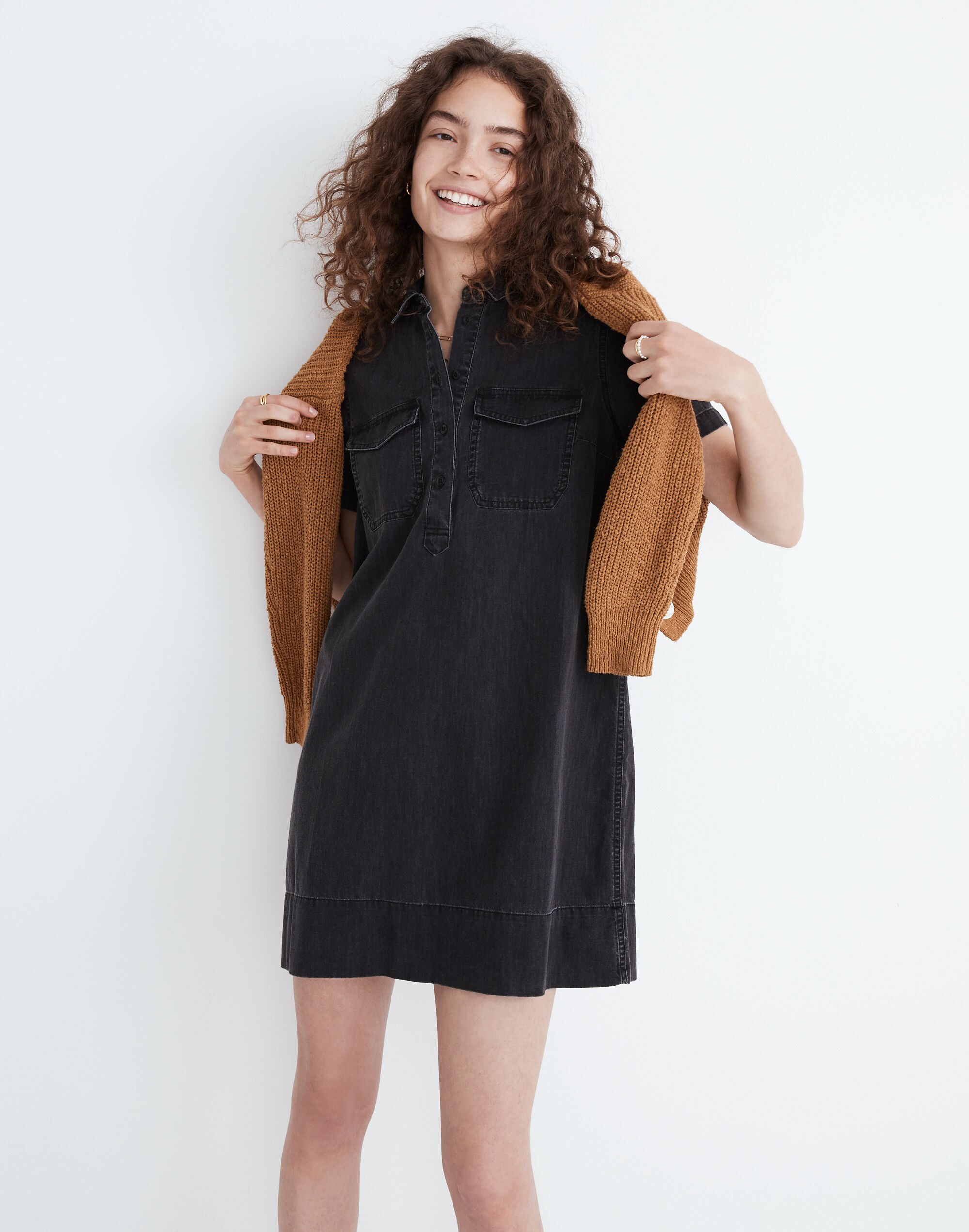 Denim Short-Sleeve Popover Shirtdress in Lunar Wash