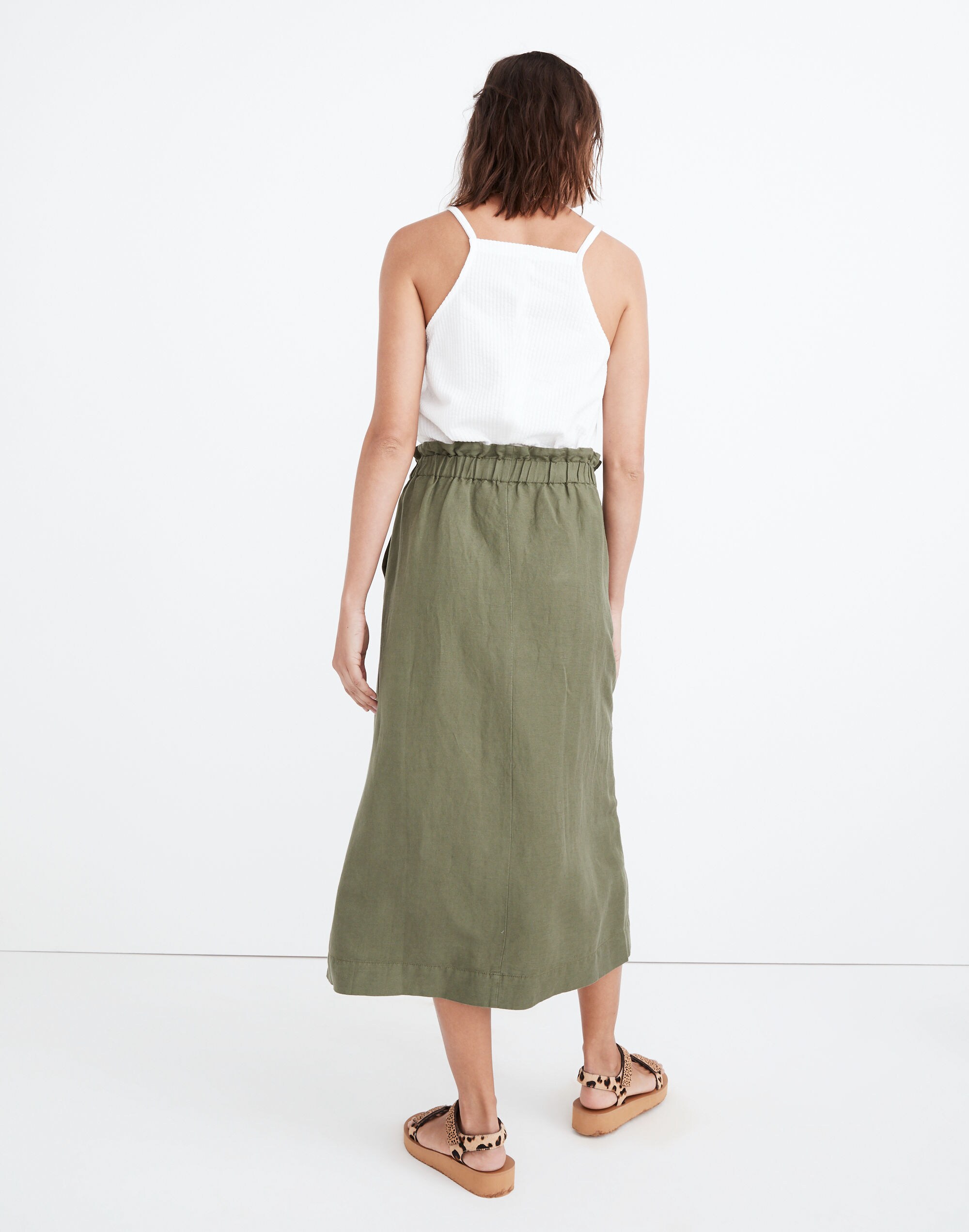 Paperbag Button-Front Midi Skirt