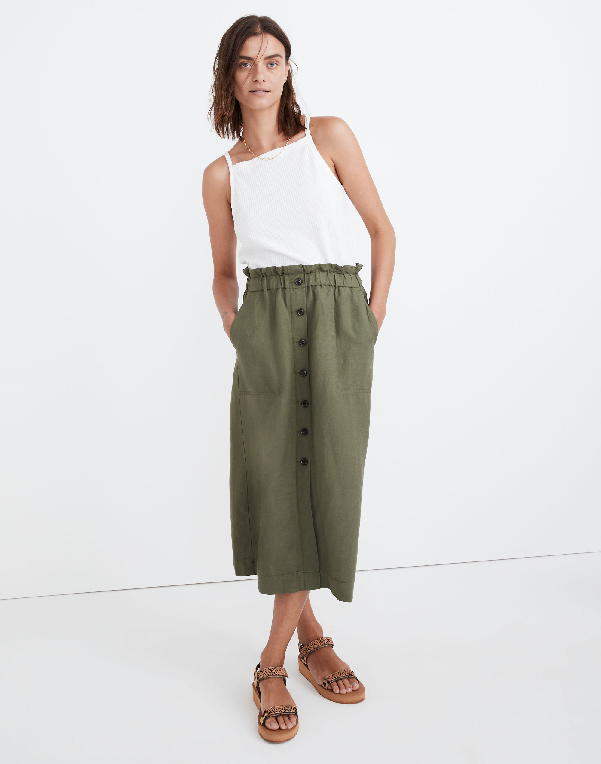 Paperbag Button-Front Midi Skirt
