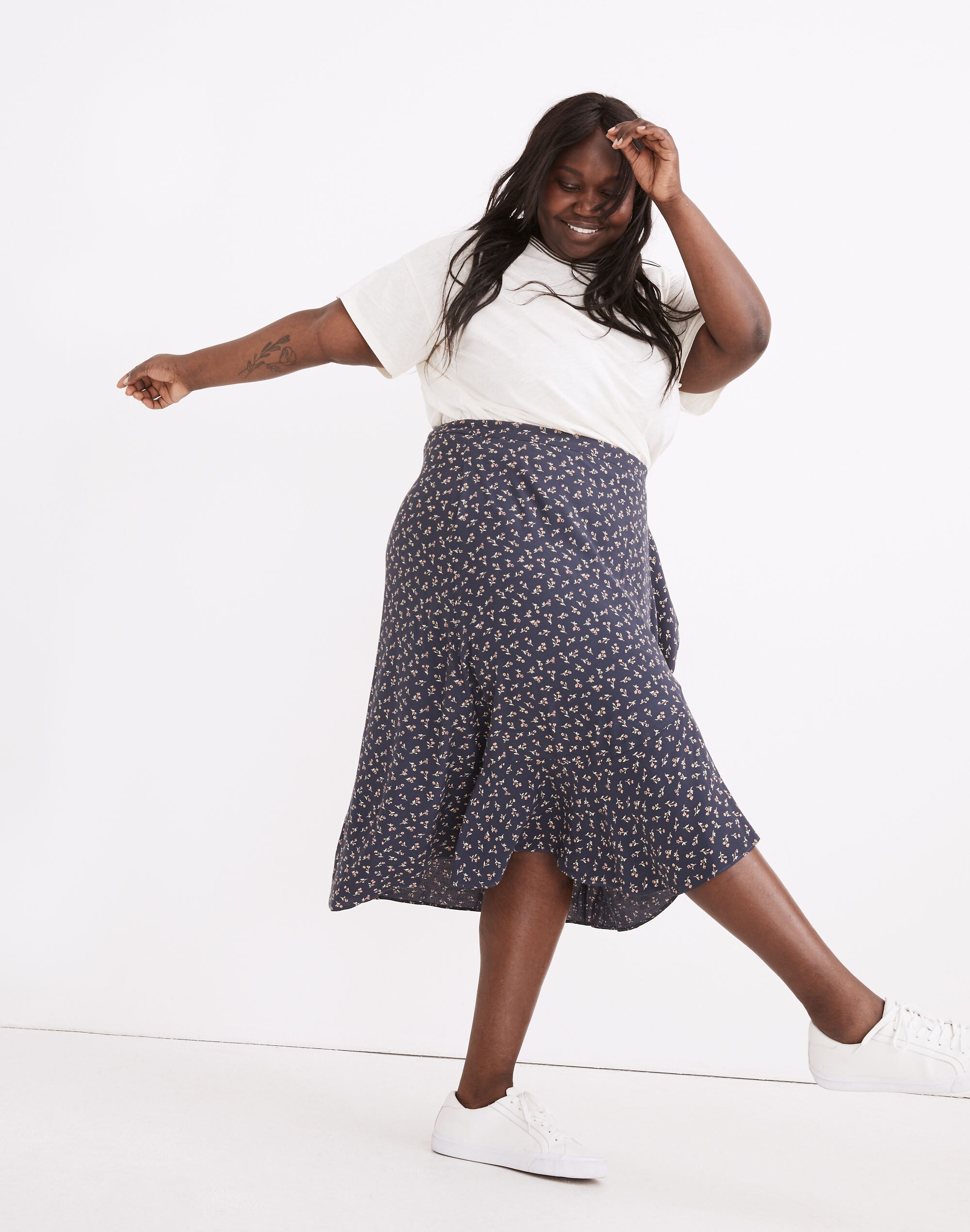 Plus Ruffle-Wrap Midi Skirt in Spring Fling