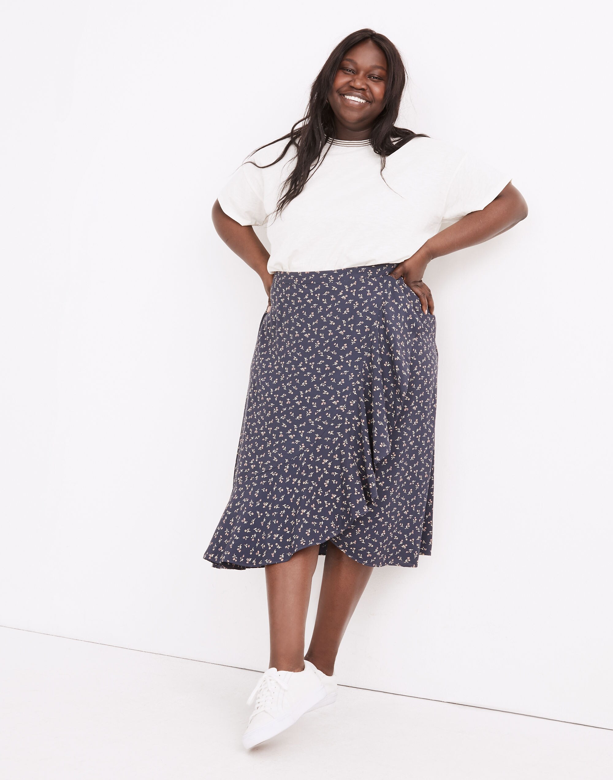 Plus Ruffle-Wrap Midi Skirt in Spring Fling