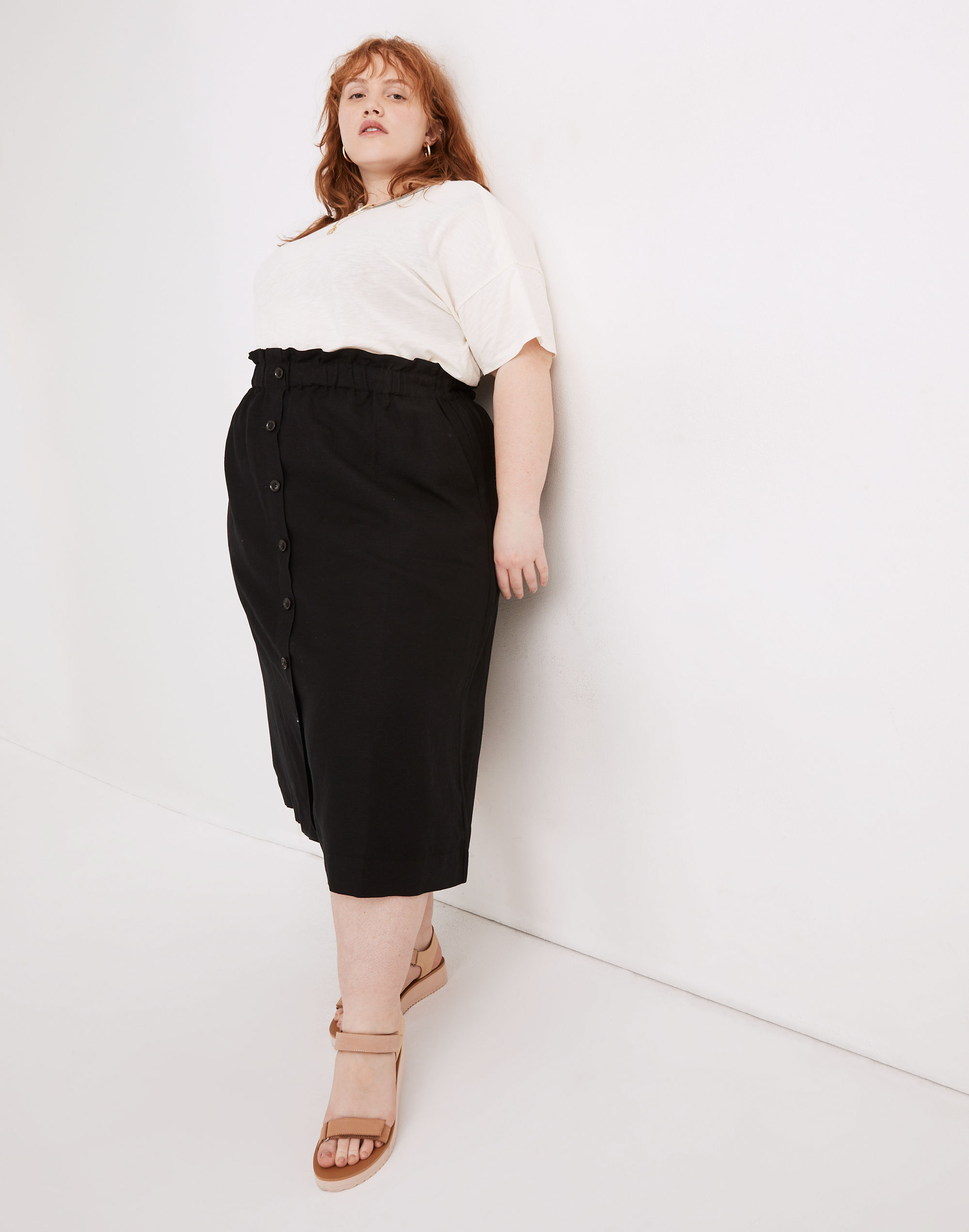 plus paperbag button-front midi skirt