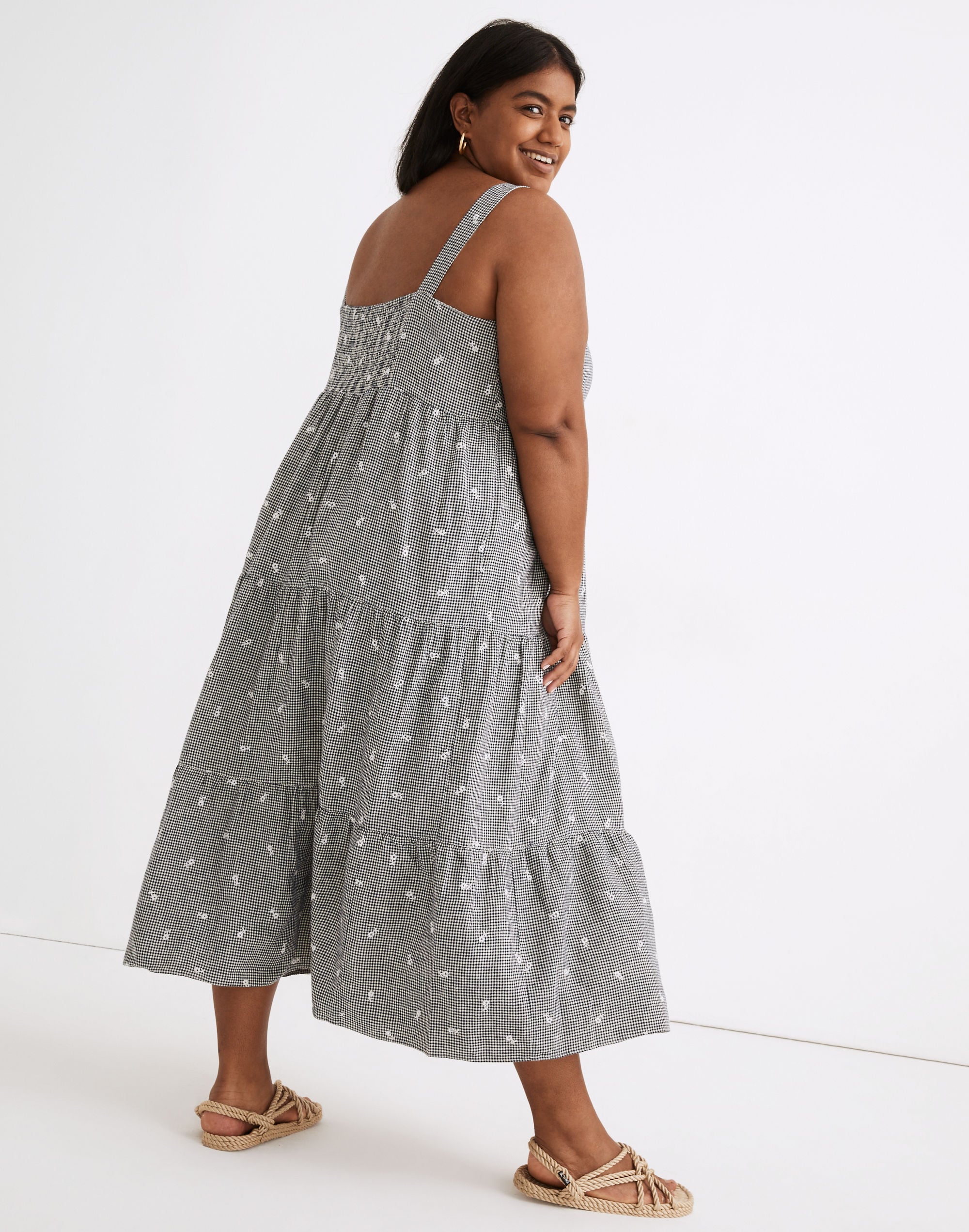 Plus Embroidered Tiered Midi Dress in Gingham Check