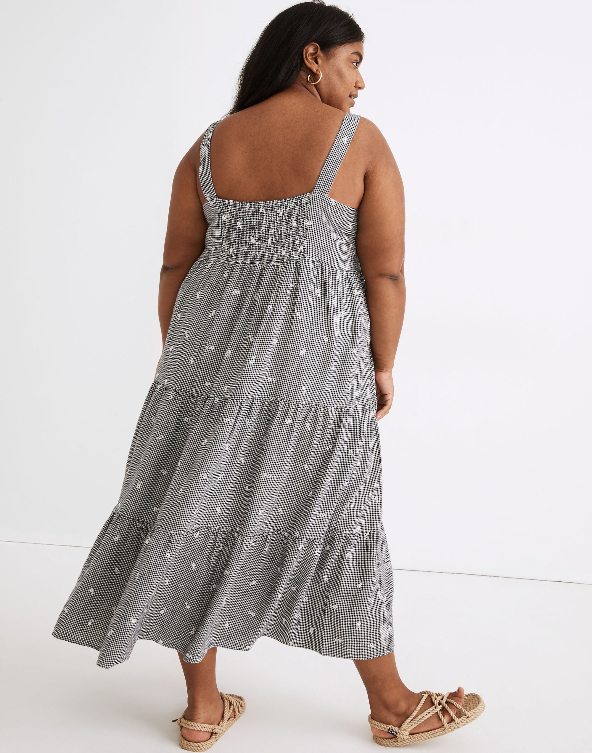 Plus Embroidered Tiered Midi Dress in Gingham Check