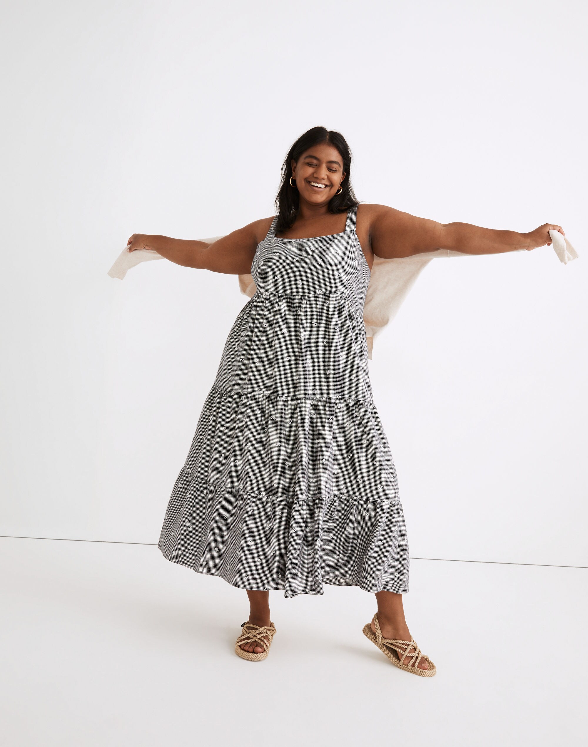 Plus Embroidered Tiered Midi Dress in Gingham Check