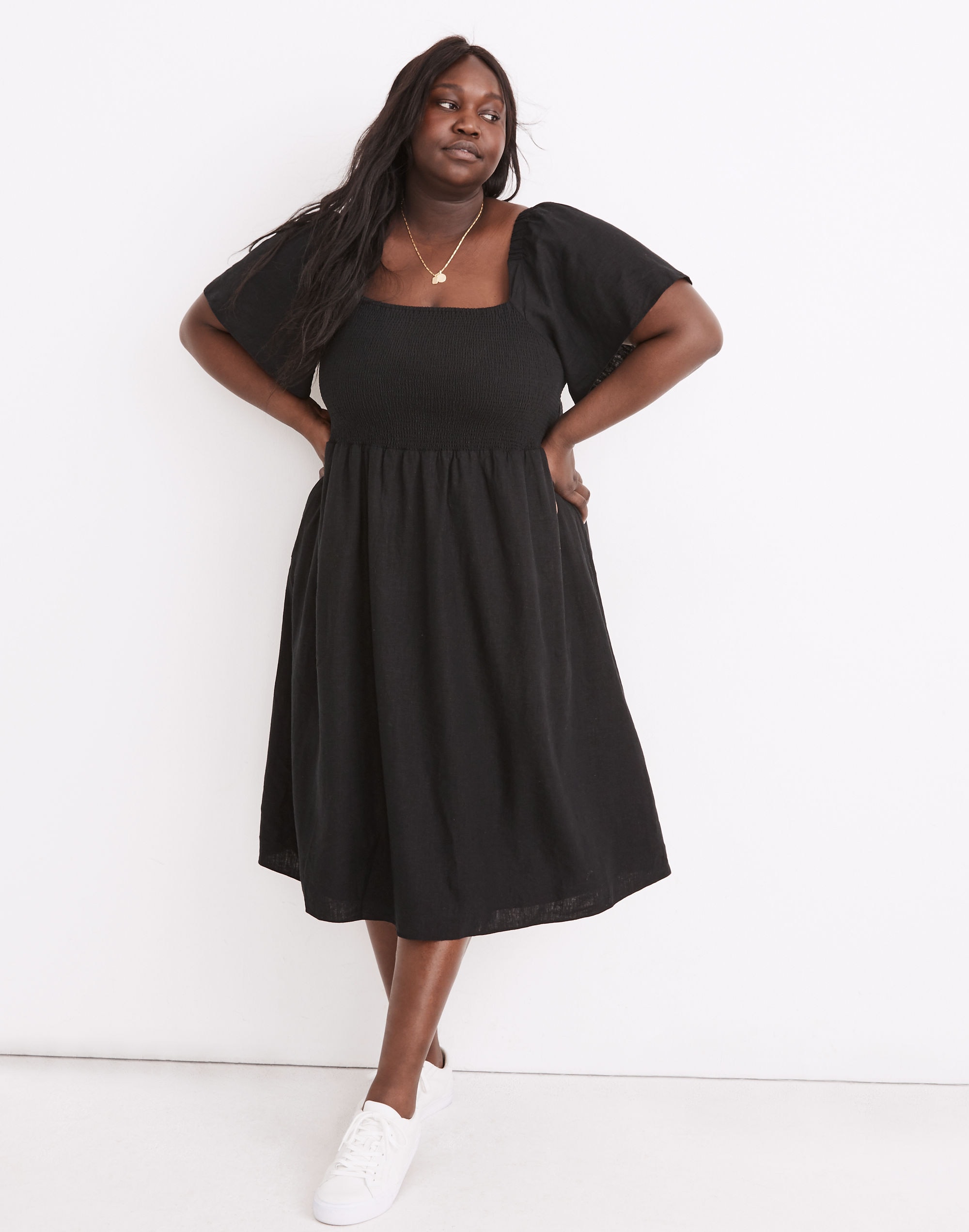 plus linen-blend lucie smocked midi dress
