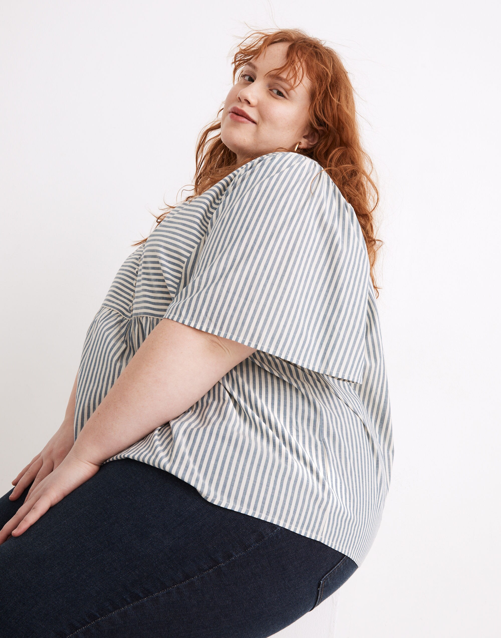 Plus Courtyard Flutter-Sleeve Top in Stripe