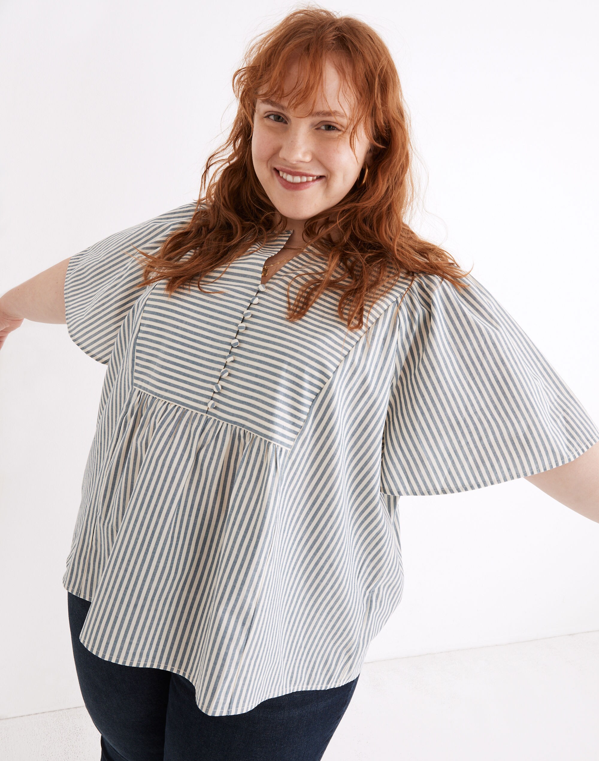 Plus Courtyard Flutter-Sleeve Top in Stripe