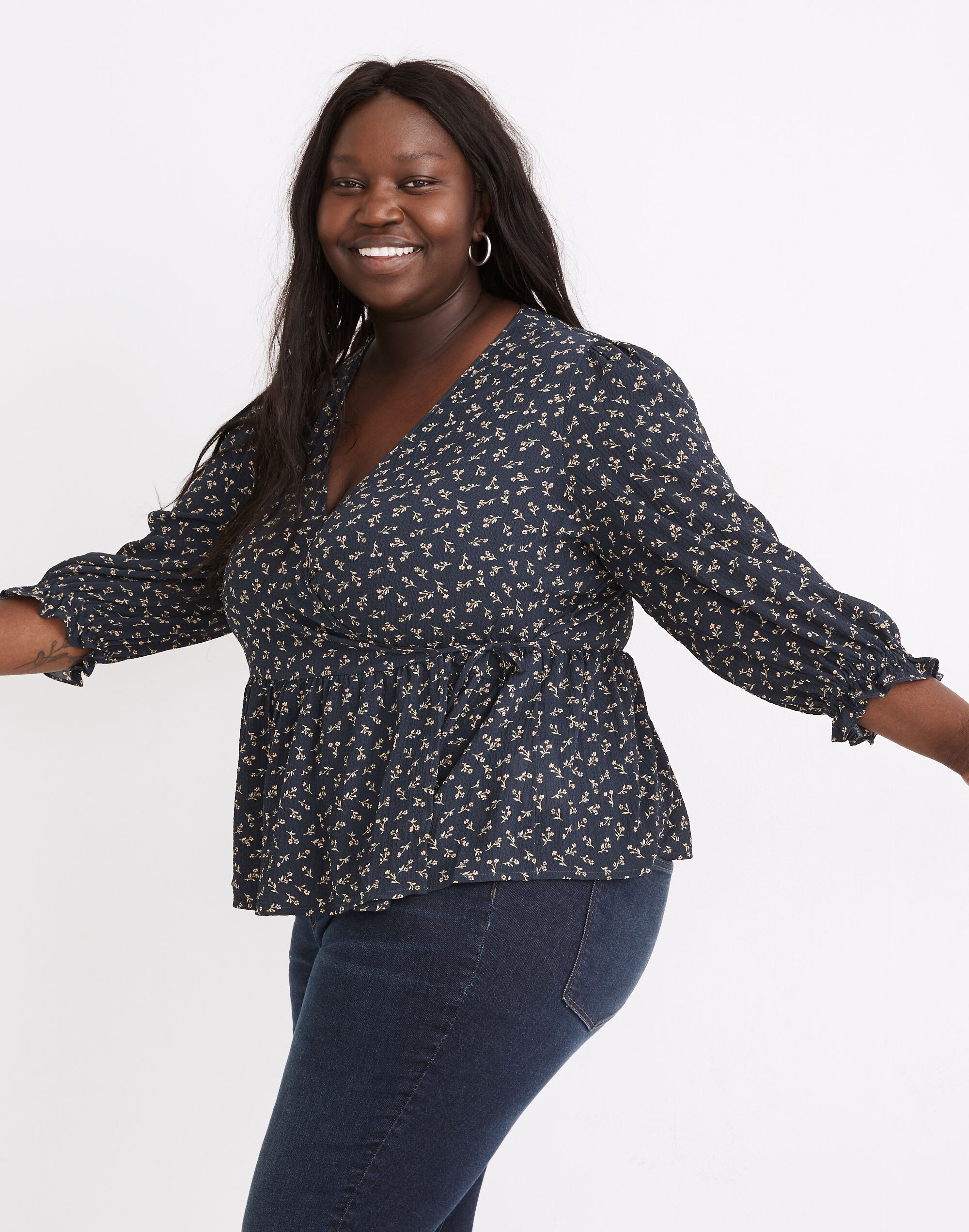 Plus Puff-Sleeve Peplum Wrap Top in Spring Fling
