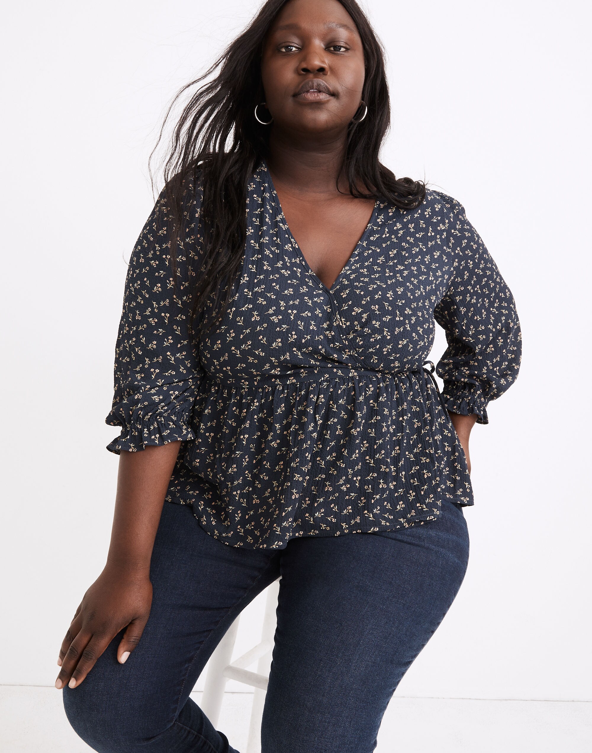 Plus Puff-Sleeve Peplum Wrap Top in Spring Fling