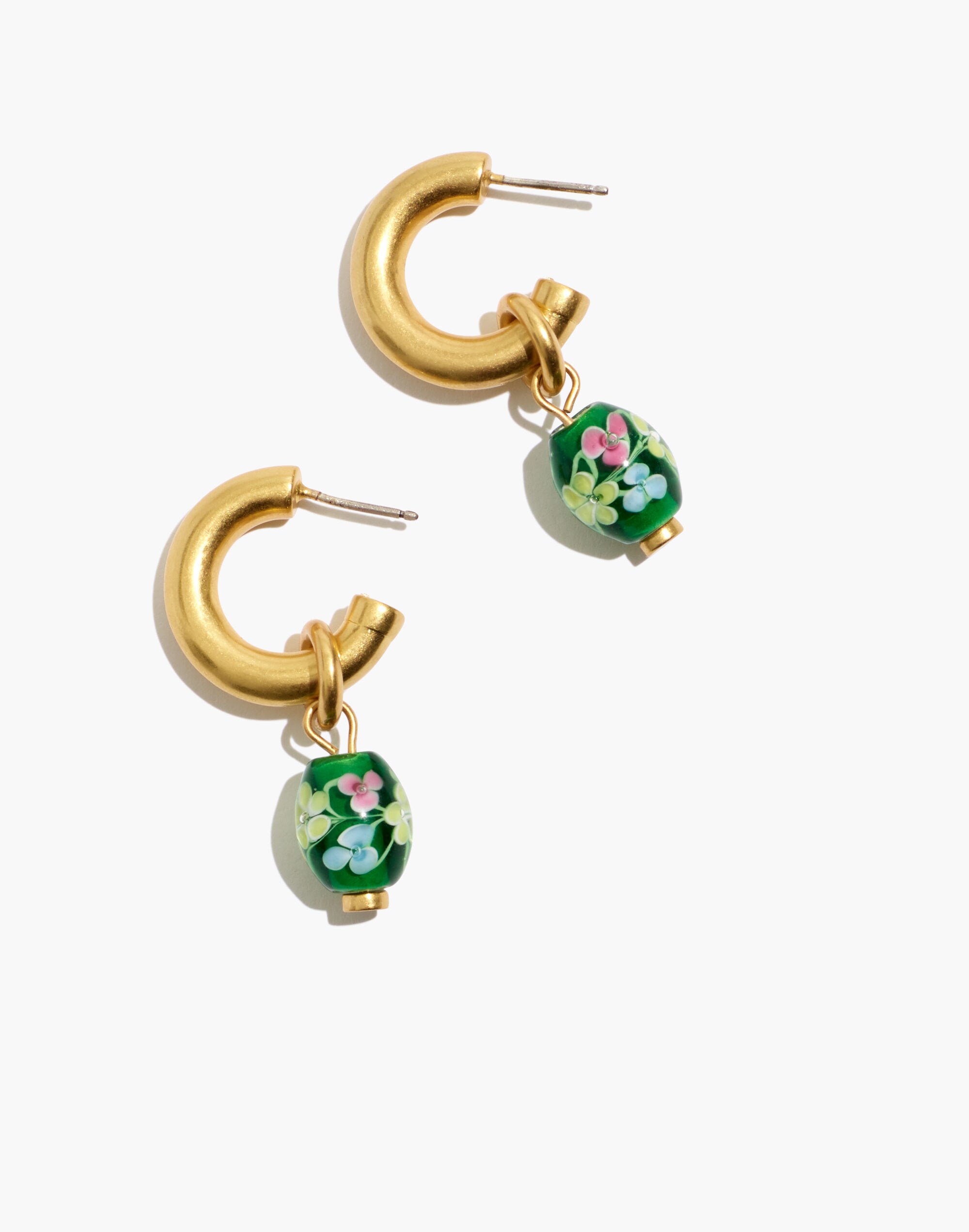 Floral Lampwork Bead Chunky Small Hoop Earrings