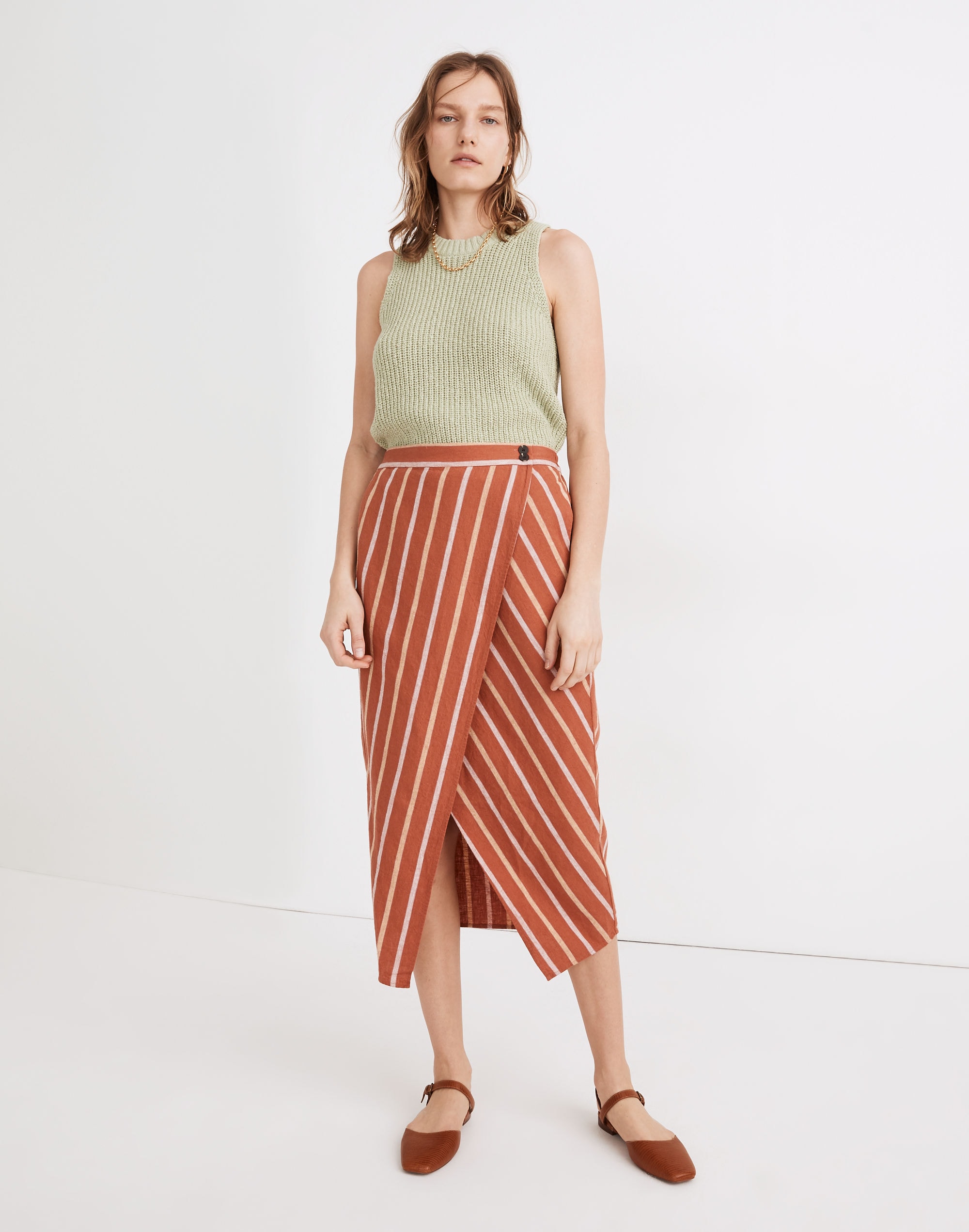 linen-cotton overlay skirt in stripe