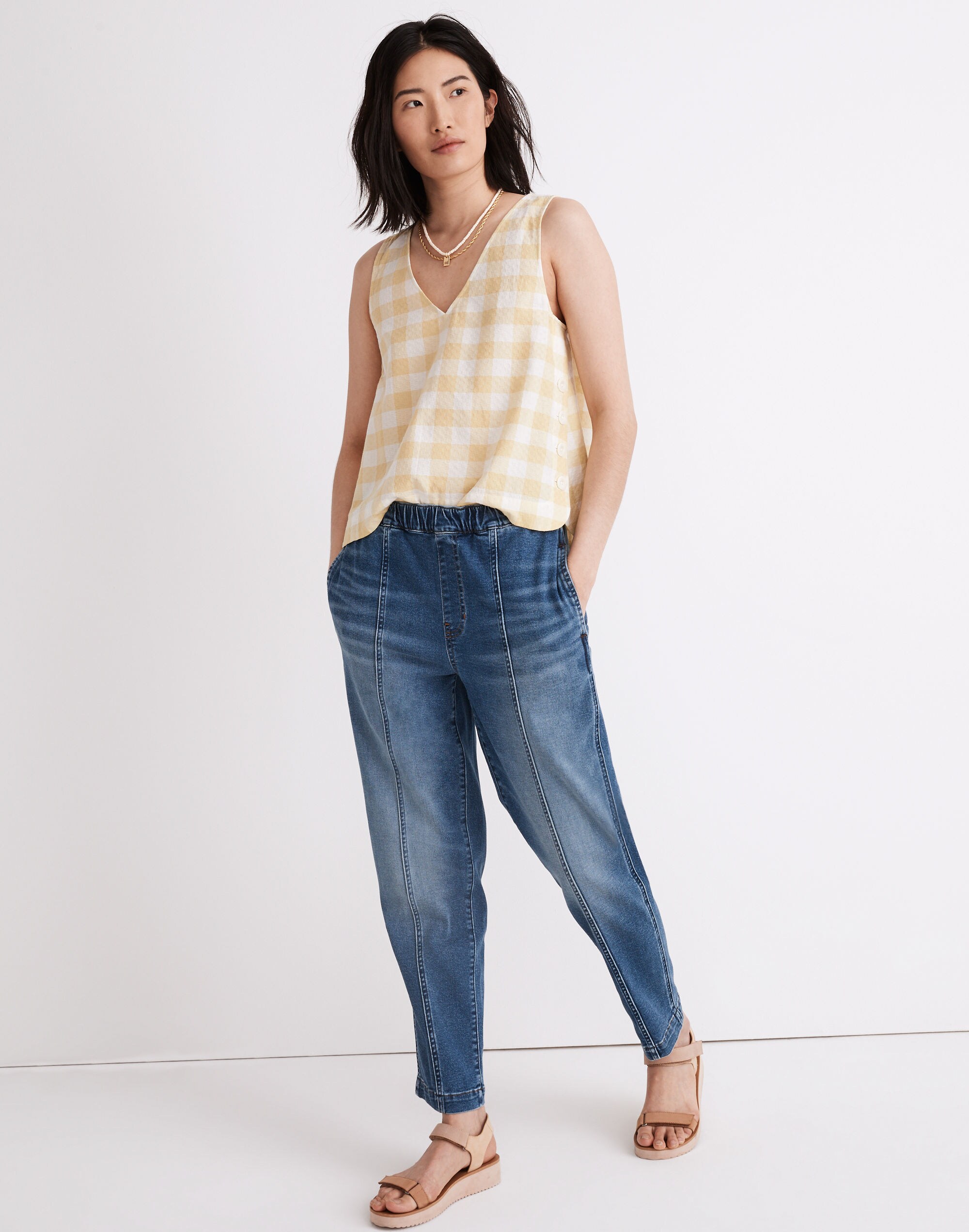 pull-on relaxed jeans in caville wash: seamed edition