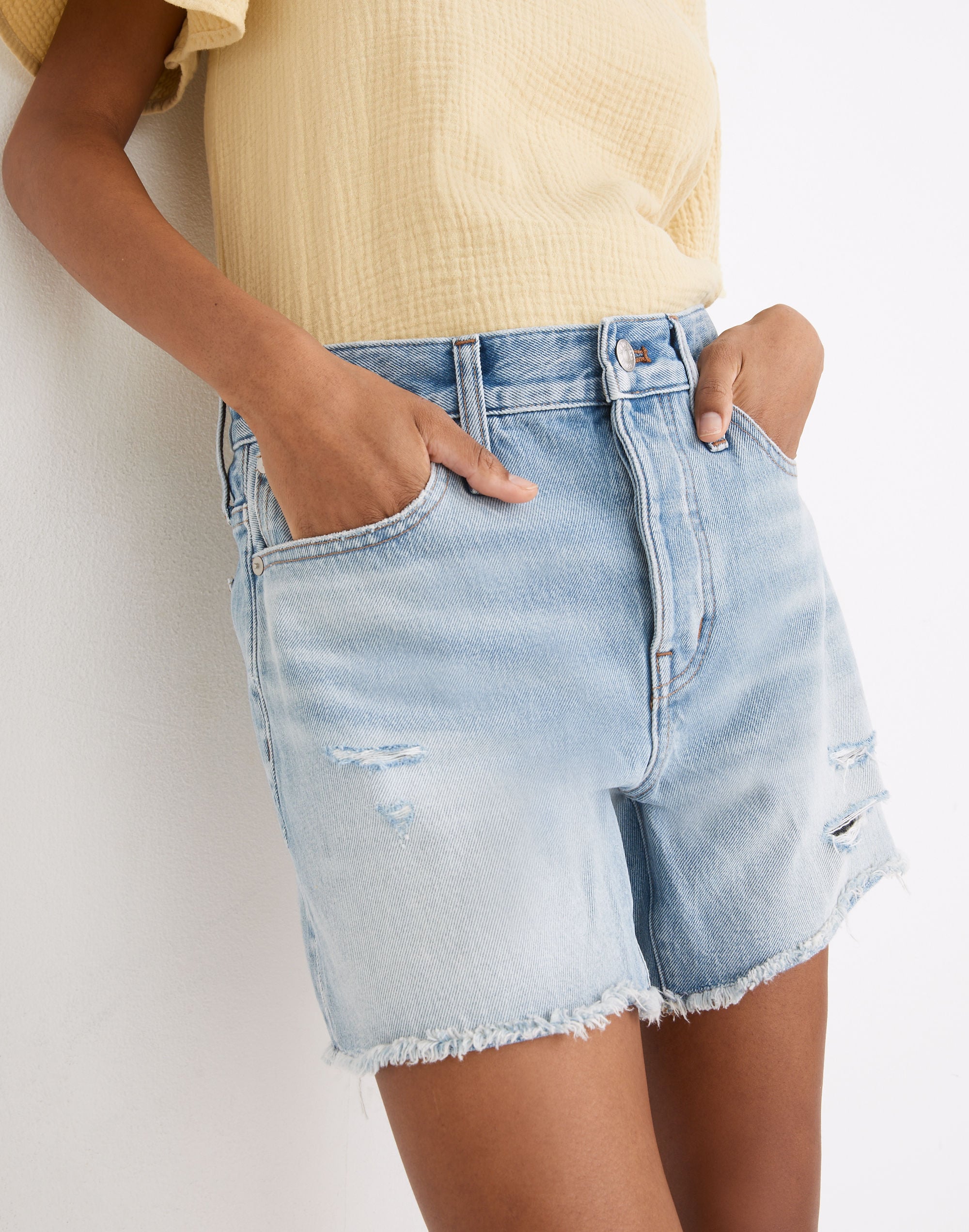 Relaxed Mid-Length Denim Shorts in Selton Wash: Ripped Edition