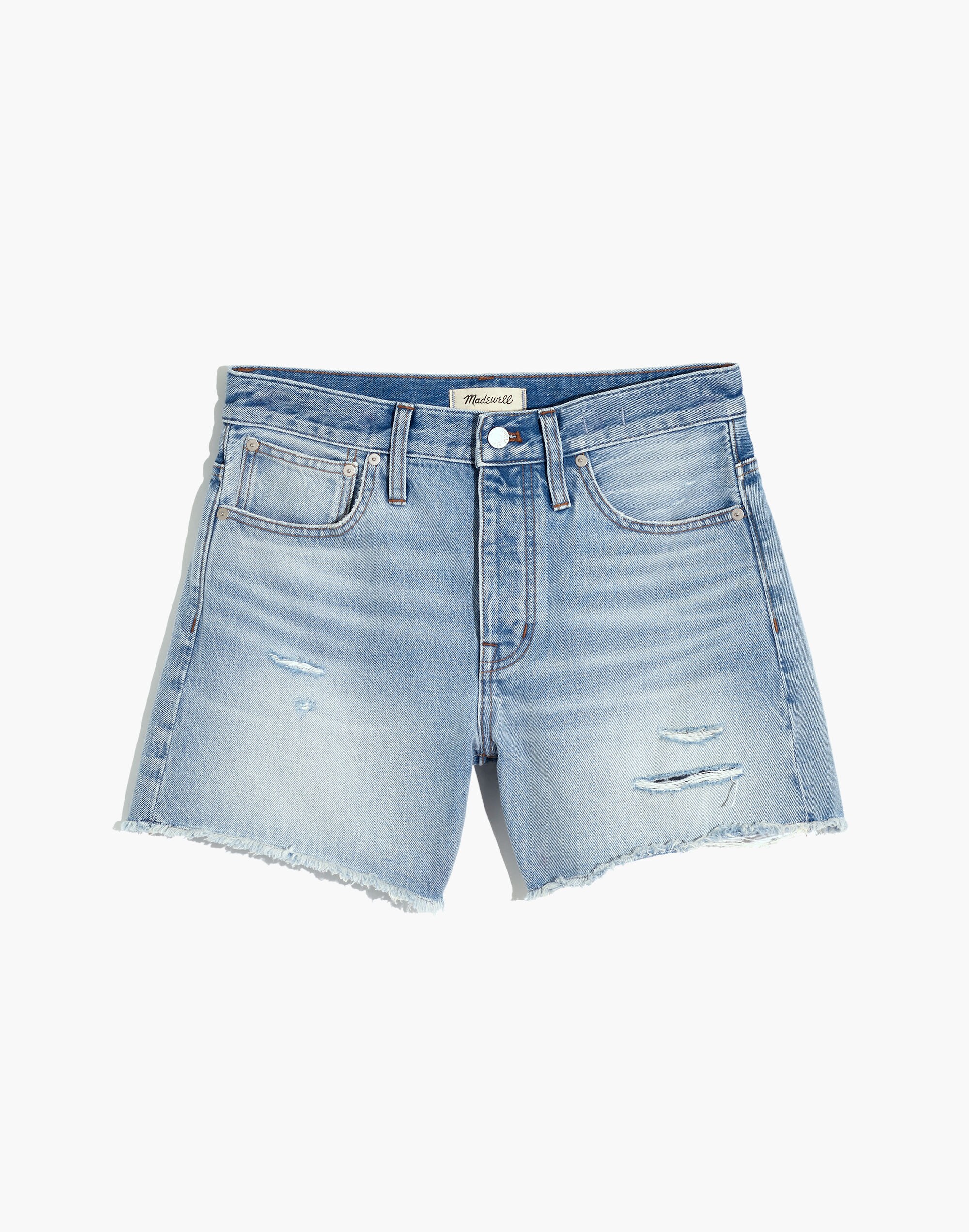 Relaxed Mid-Length Denim Shorts in Selton Wash: Ripped Edition