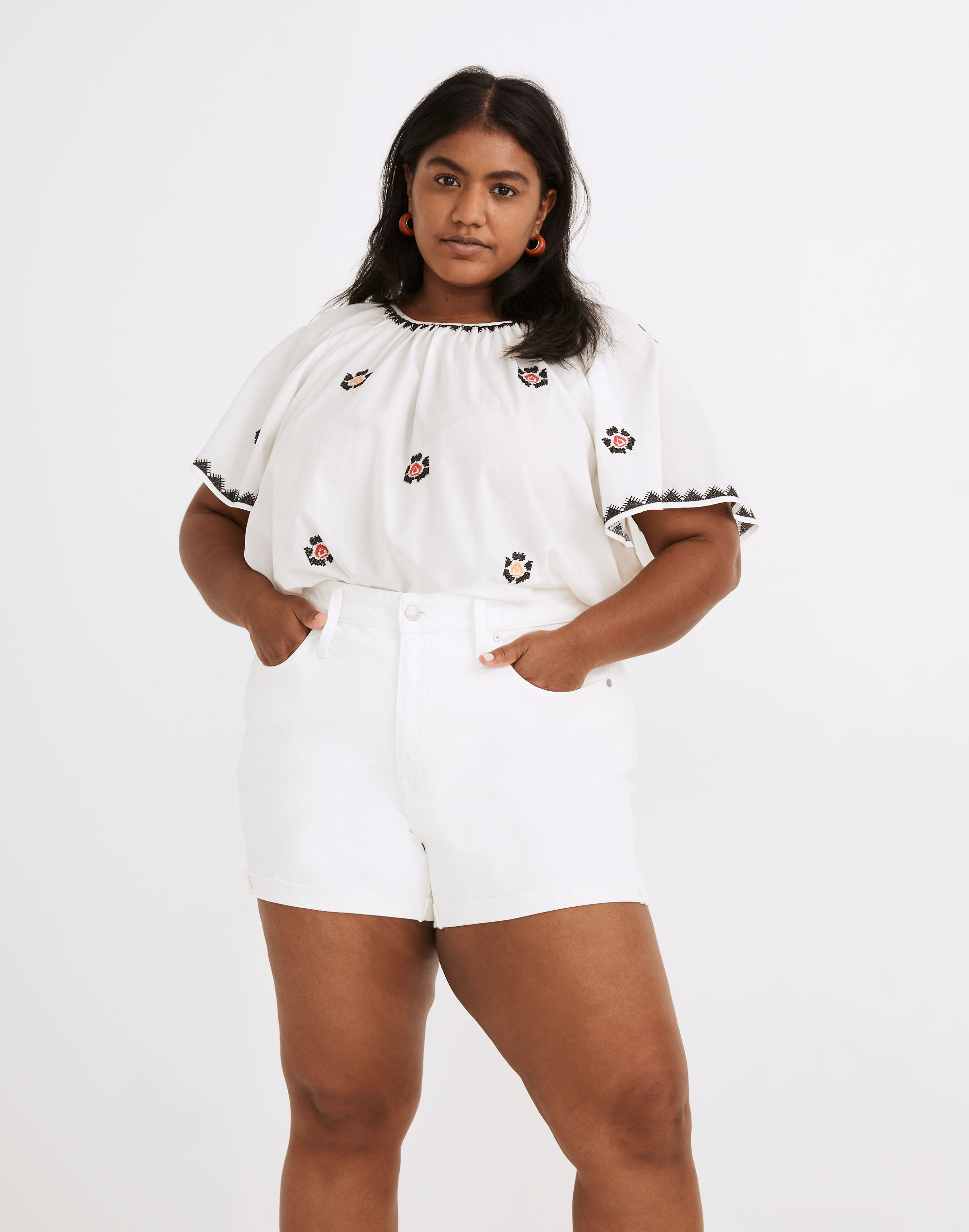 Plus High-Rise Denim Shorts in Tile White