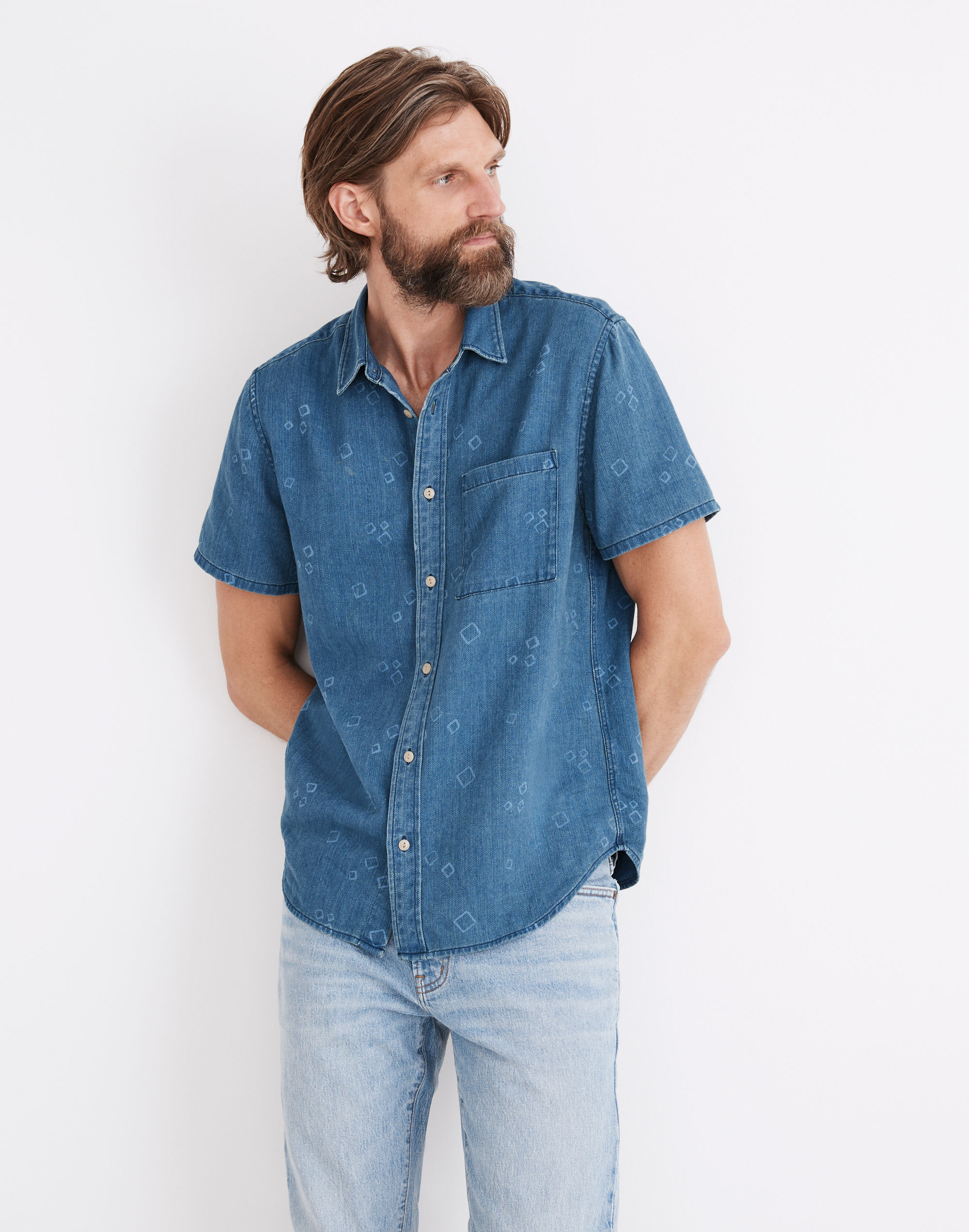 Indigo Perfect Short-Sleeve Shirt in Mini Squares